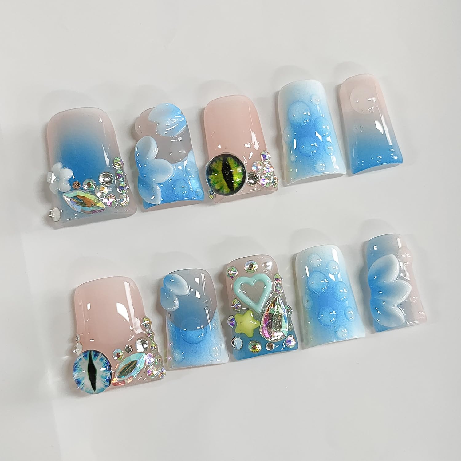 Uñas postizas a presión hechas a mano con diseño de pato corto 3D, uñas postizas acrílicas gruesas con punta francesa con diamantes de imitación, ojos de flores, diseños de uñas azules, resistentes