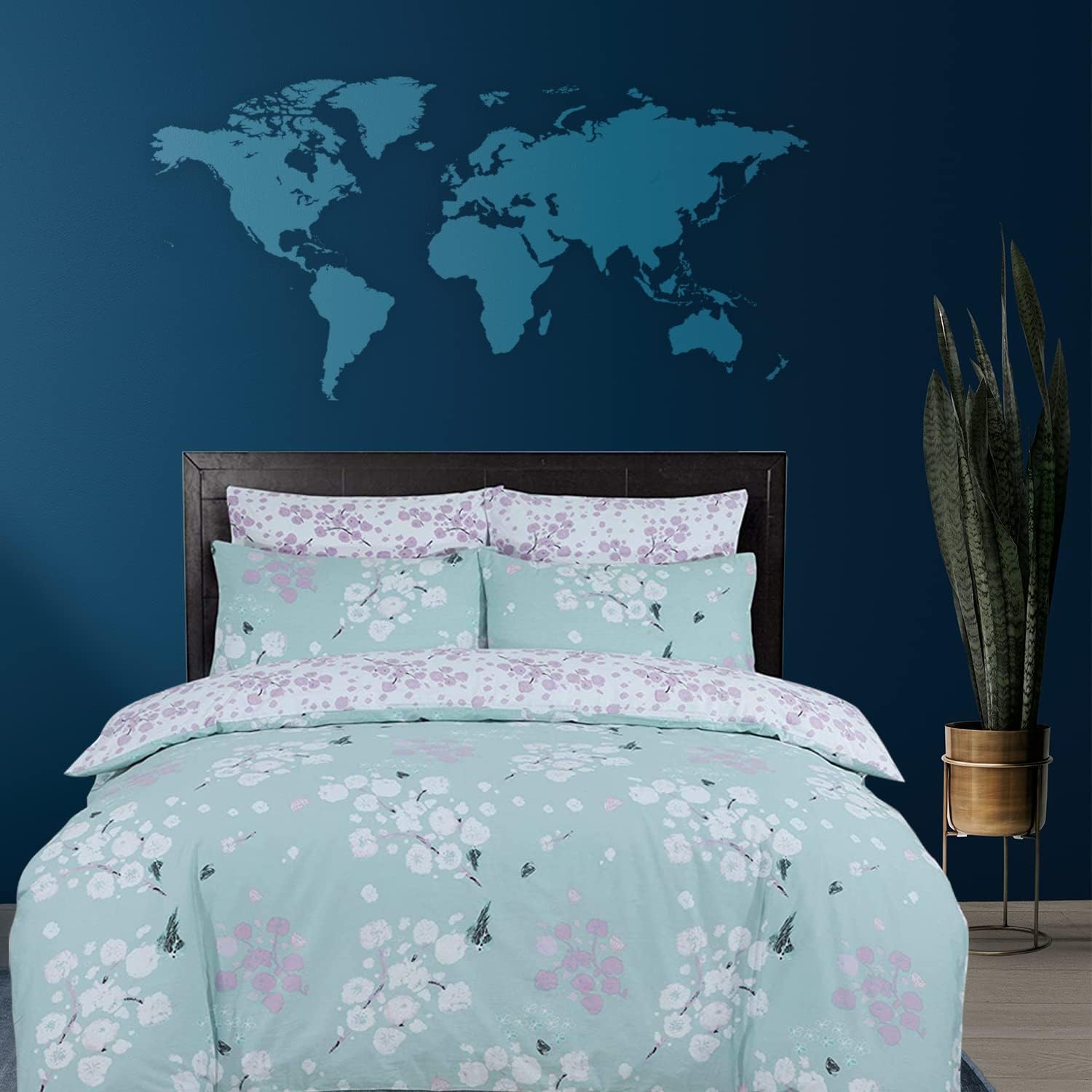 DTEX HOMES Double Duvet Set 100% Pure Cotton Reversible Printed Hotel Quality Duvet Cover Ultra Soft Easy Care double bedding Set Super Soft and Luxury Duvet Cover Sets (Blossom DuckEgg)
