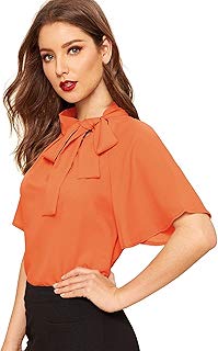 SHEIN Blusa de Manga Corta con Cuello de Lazo Lateral Informal para Mujer, Anaranjado, XS