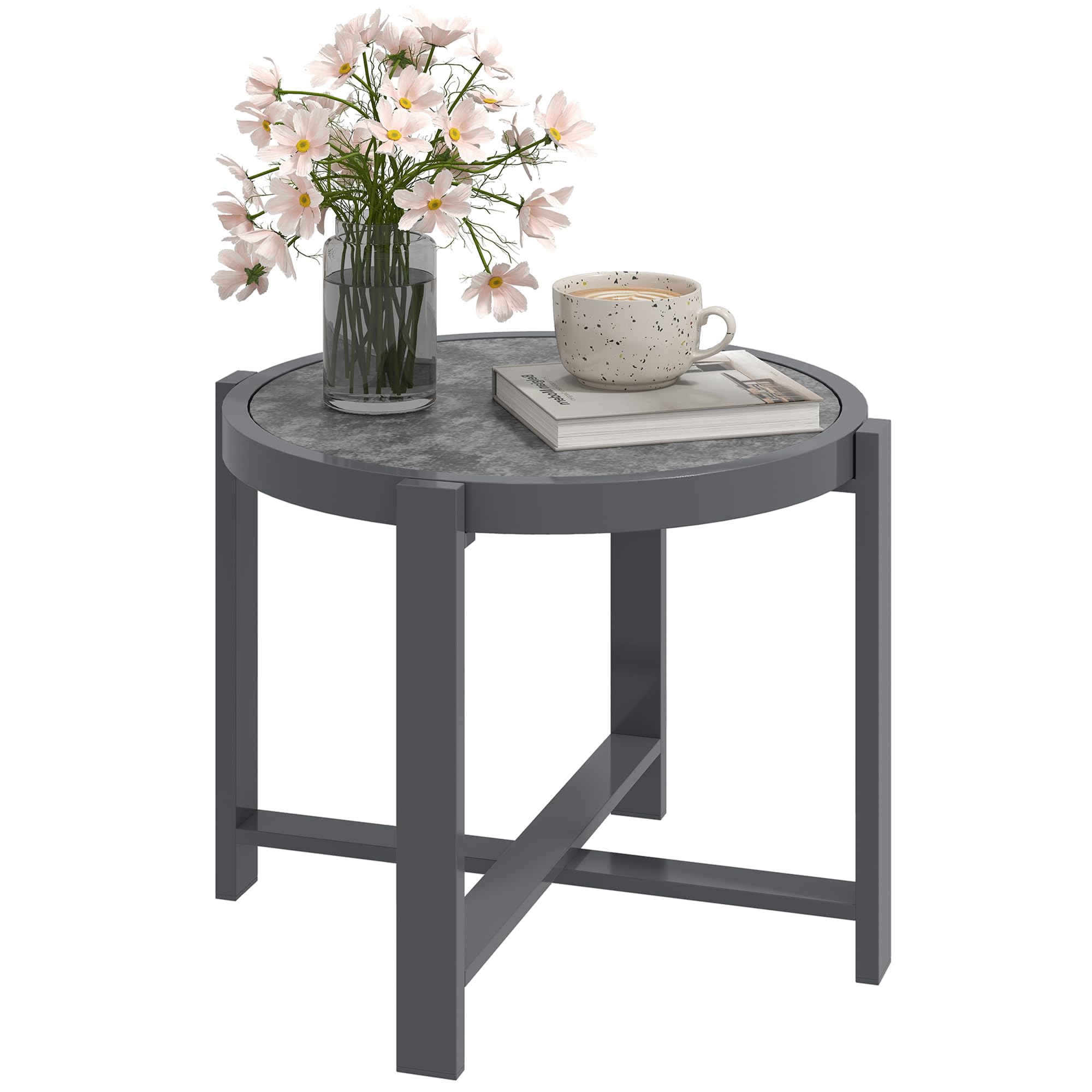 Outsunny Beistelltisch Gartentisch Rund Wetterfest mit Marmoroptik Grau | Aluminium, Balkontisch, Campingtisch, Kaffeetisch, für Wohnzimmer Büro Outdoor Indoor