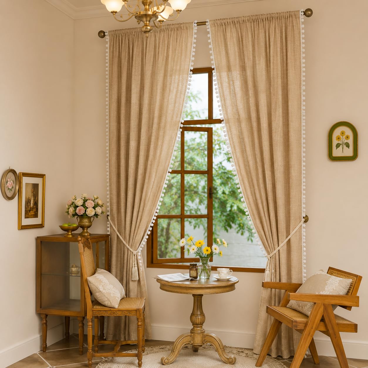 THE LINEN COMPANY Cotton Sheer Curtains with Pom Pom Lace Border Transparent Net Curtains Rod Pocket Light Filtering Window Door Living Room Curtain Beige 7 Ft Pack of 2
