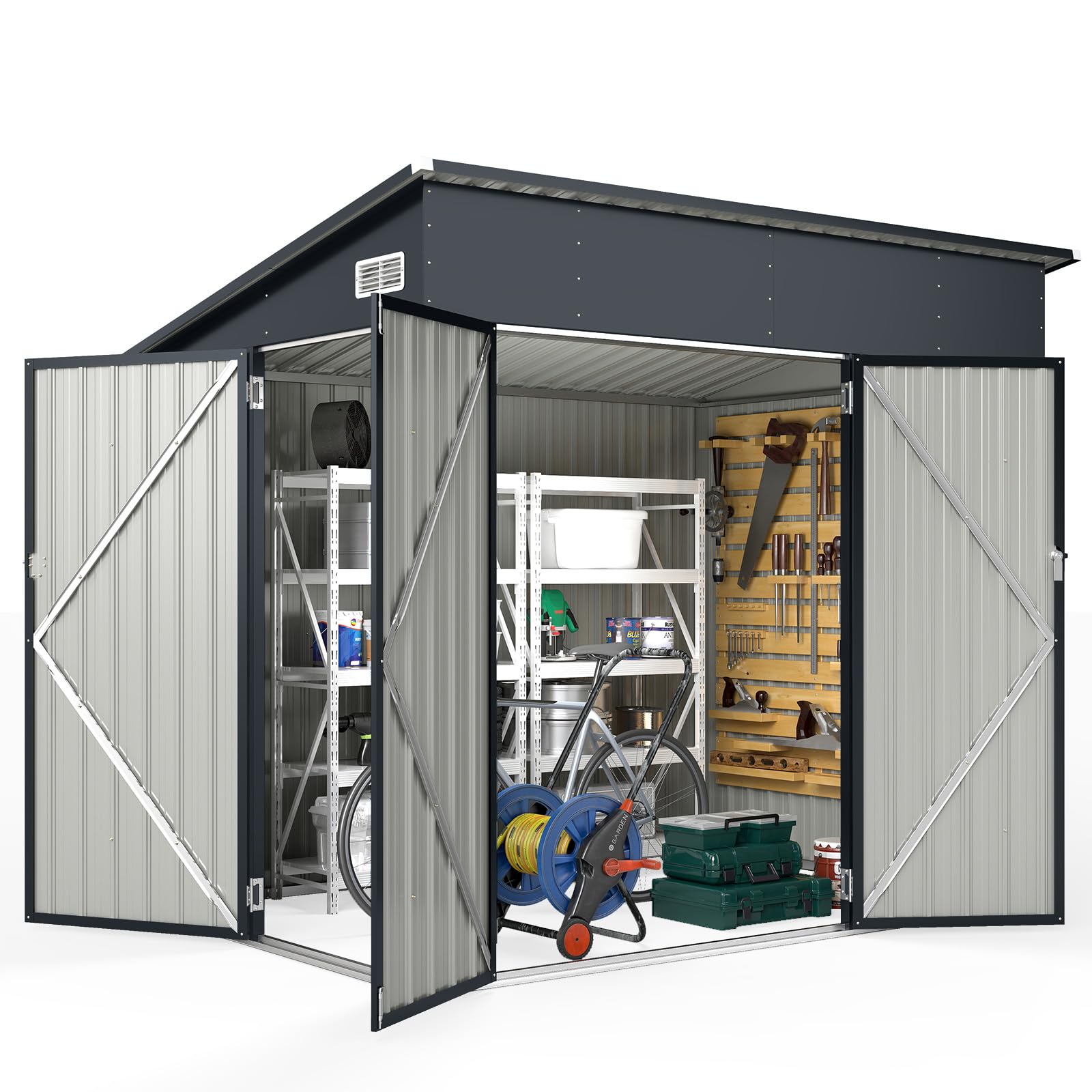 COSTWAY Capanno da Giardino 235 x 174 cm, Casetta Porta Attrezzi da Esterno in Acciaio Zincato con 3 Porte Bloccabile, Tetto Inclinato e Prese d'Aria, Ideale per Cortile e Patio