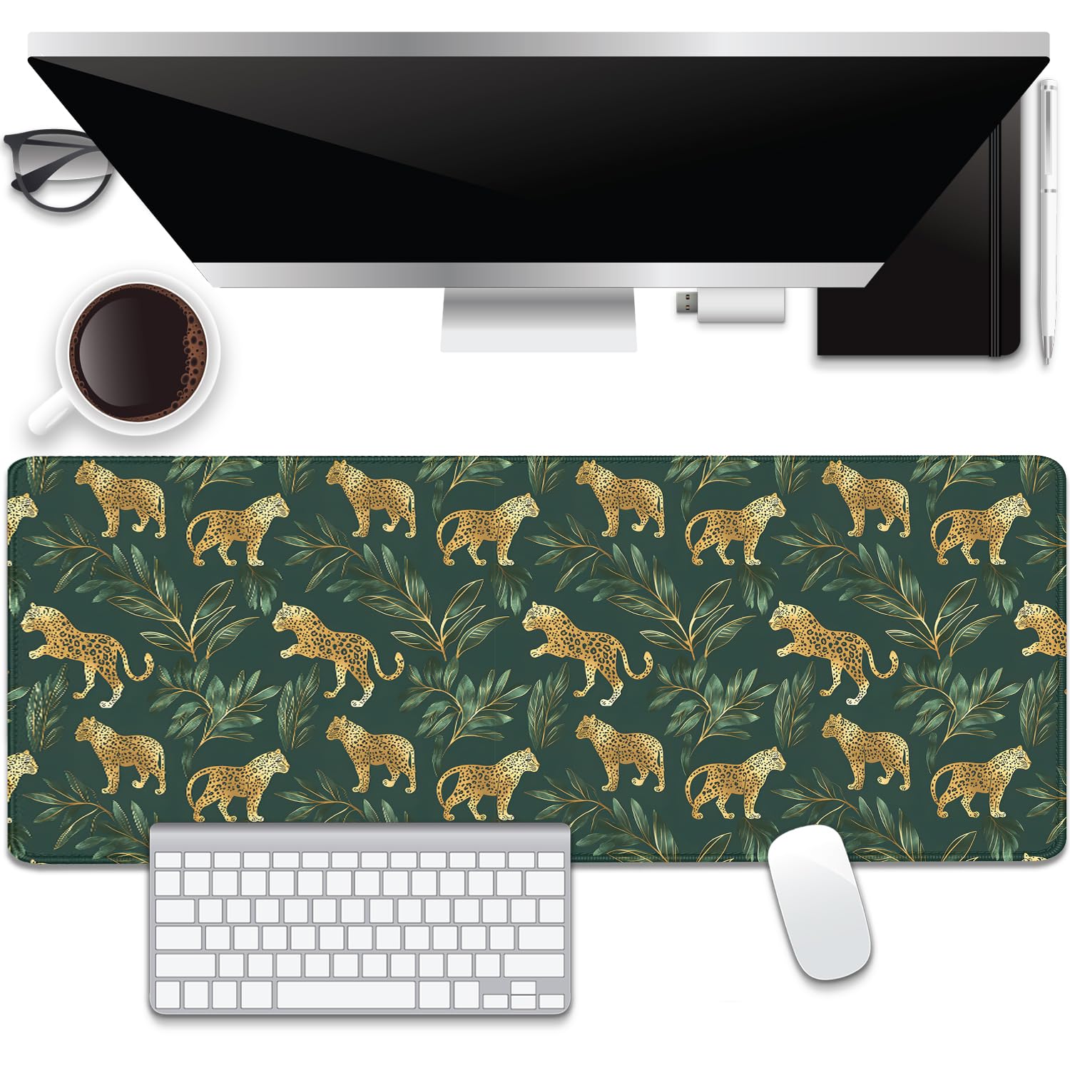 Leopard Desk Pad Mouse Pad,XL Extend Leaves Gold Mouse Mat with Stitched Edges for Gift,Non-Slip Rubber Base Mousepad for Office PC Keyboard Laptop and Home Work Desk Mat(31.5X11.8 in)