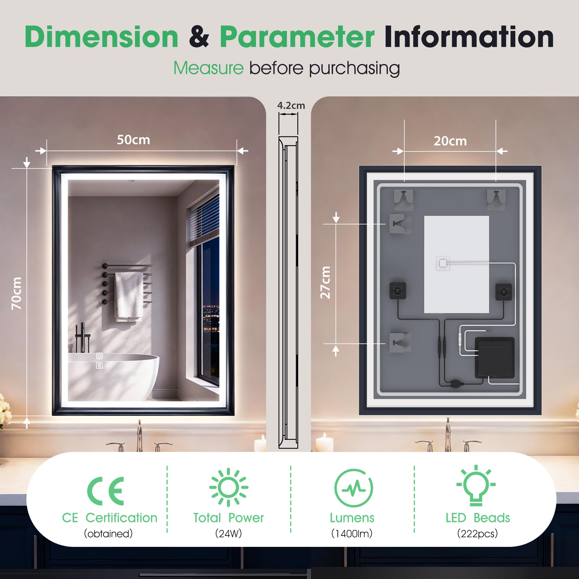 S'bagno Badspiegel mit Beleuchtung 70x50cm, Schwarzer Rahmen | LED Badezimmerspiegel mit Anti-Beschlag, 3 Farben, Dimmbar, Memory, ESG-Glas, CRI>90, IP44, Horizontal/Vertikal