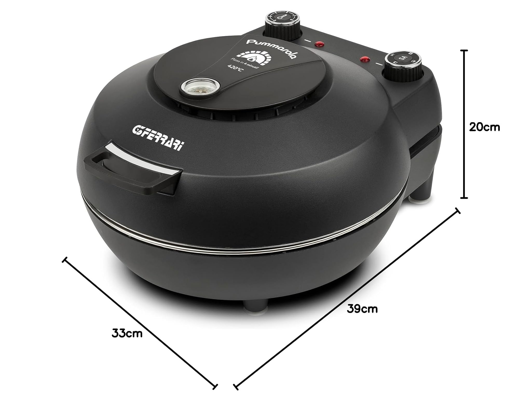 G3 Ferrari G10199 Four à pizza Pummarola, Jusqu’à 420 degré C, 1200 W, 2pierre réfractaire, Parois froides, Pelles en inox, Livre de recettes inclus, Fermeture amortie, Noir mat