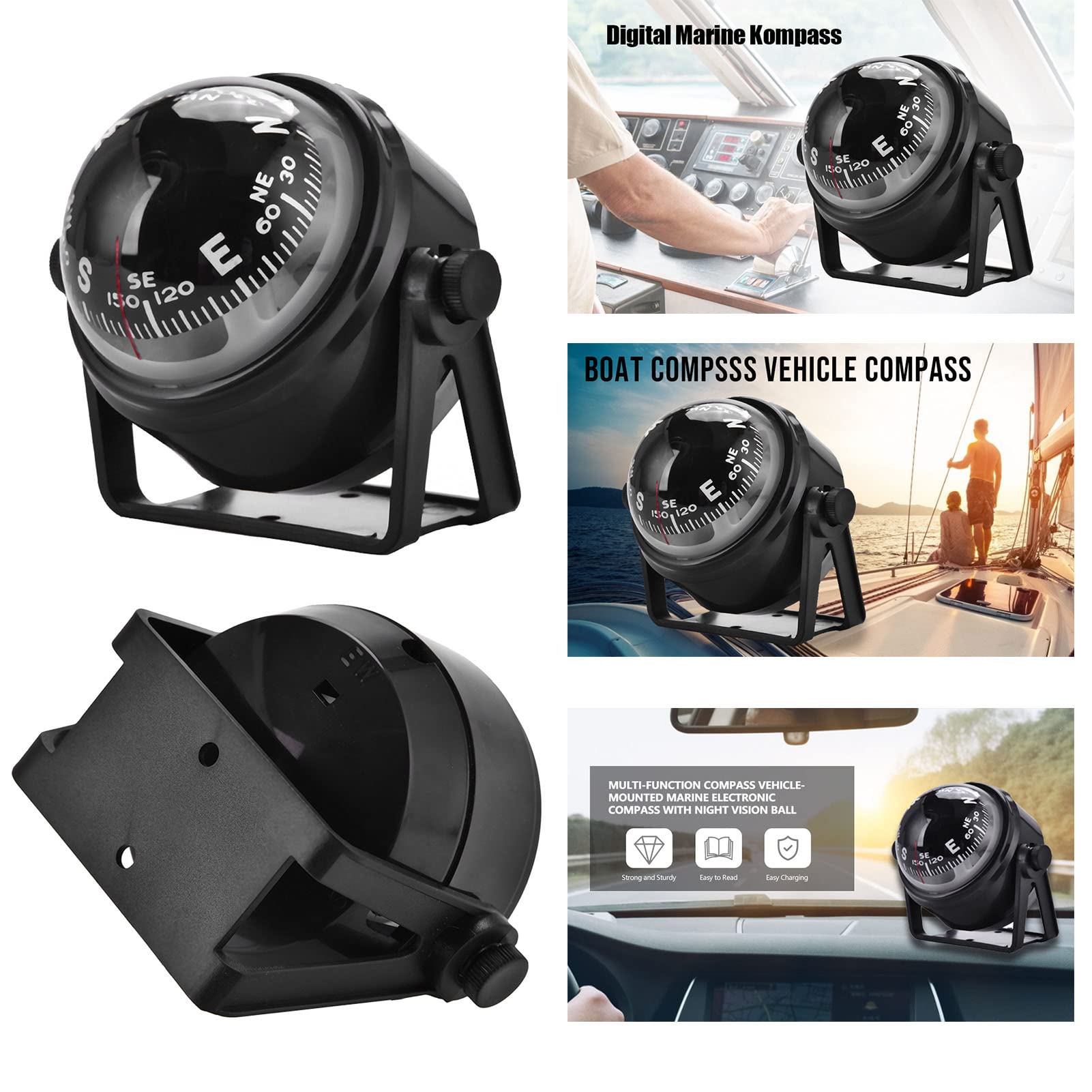 Black Electronic Adjustable Military Marine Ball Night, Multi Purpose Car Navigation Tool for Boat Vehicle Truck Caravan, Ideal for Camping Hiking Hunting Outdoor Activities