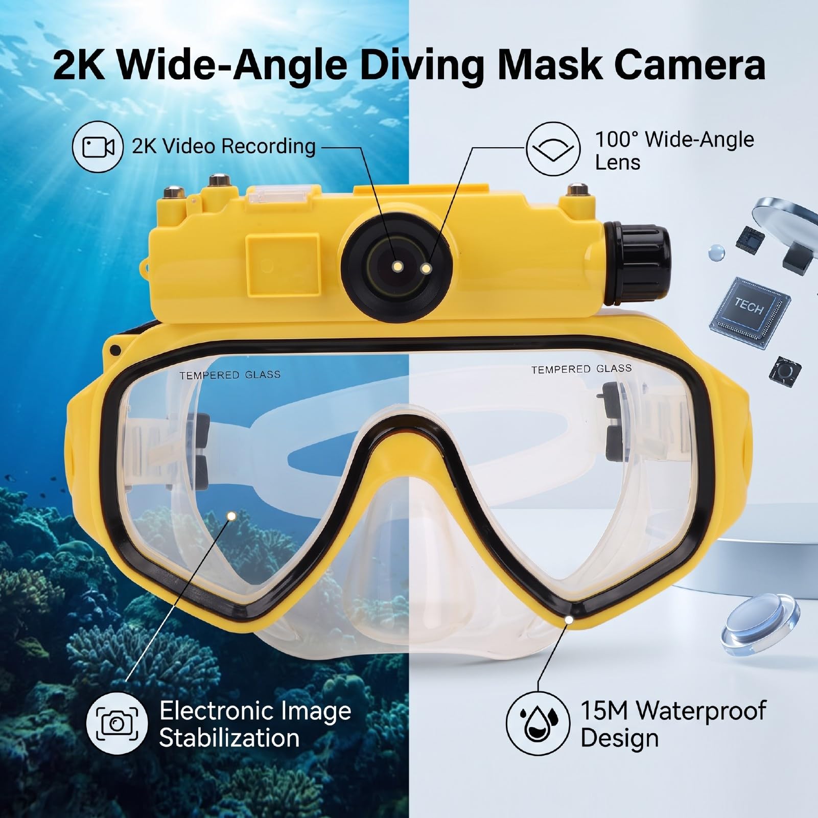 Maschera Da Sub Con Fotocamera 2K, Impermeabile Fino A 15 M, Wifi | Occhialini Per Video Subacquei, Grandangolo, Stabilizzazione Dell'immagine, Ricaricabile 800 Mah, Per Snorkeling, Apnea Nuoto