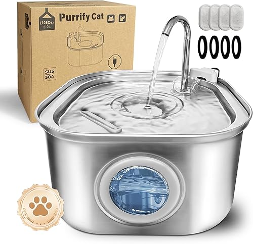 Purrify Fuente de agua para gatos. Tazón dispensador de agua para mascotas de acero inoxidable 108 oz3.2 l. Dispensador de agua silencioso para