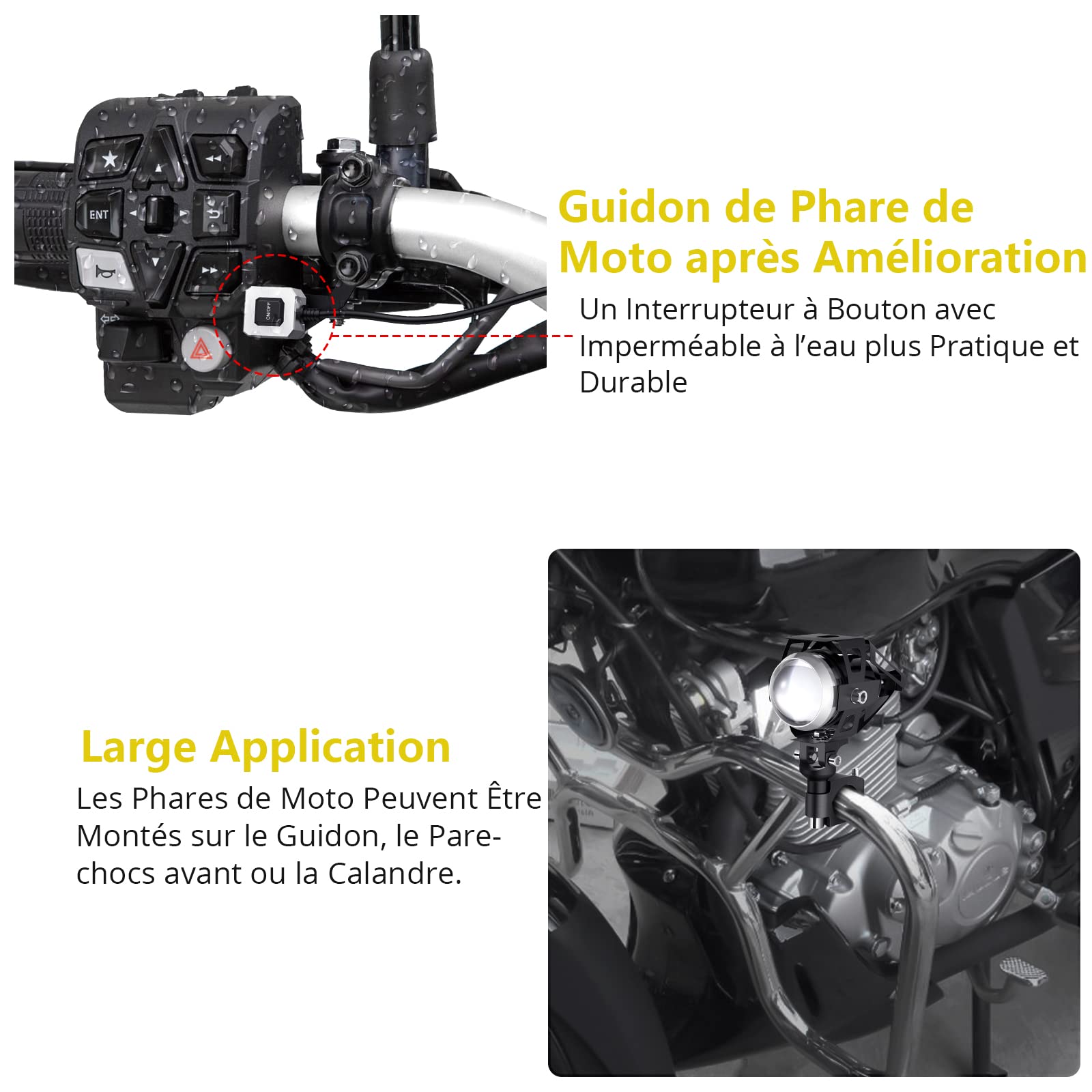 PROZOR 2PCS U5 Phares Avant 360 ° Réglage 15W 3000LM avec Commutateur IP65 Étanche&Scellé Phares Antibrouillard LED Projecteur pour 12/24V Moto