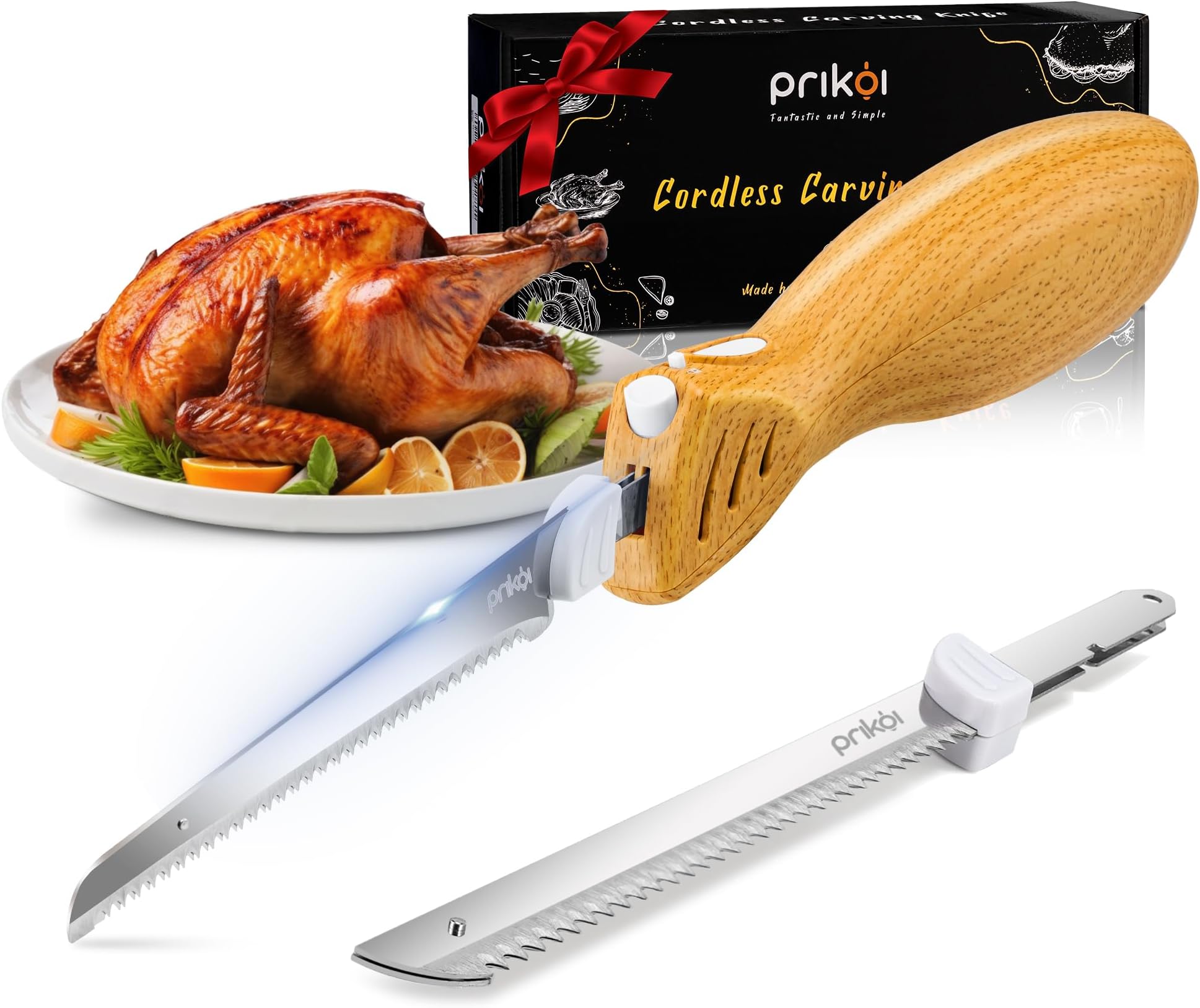 Cordless Electric Knife, Easy-Slice Serrated Edge Blades Carving Sets for Turkey, Bread, Fillet, DIY, Ergonomic Handle + 2 Blades New Upgrade