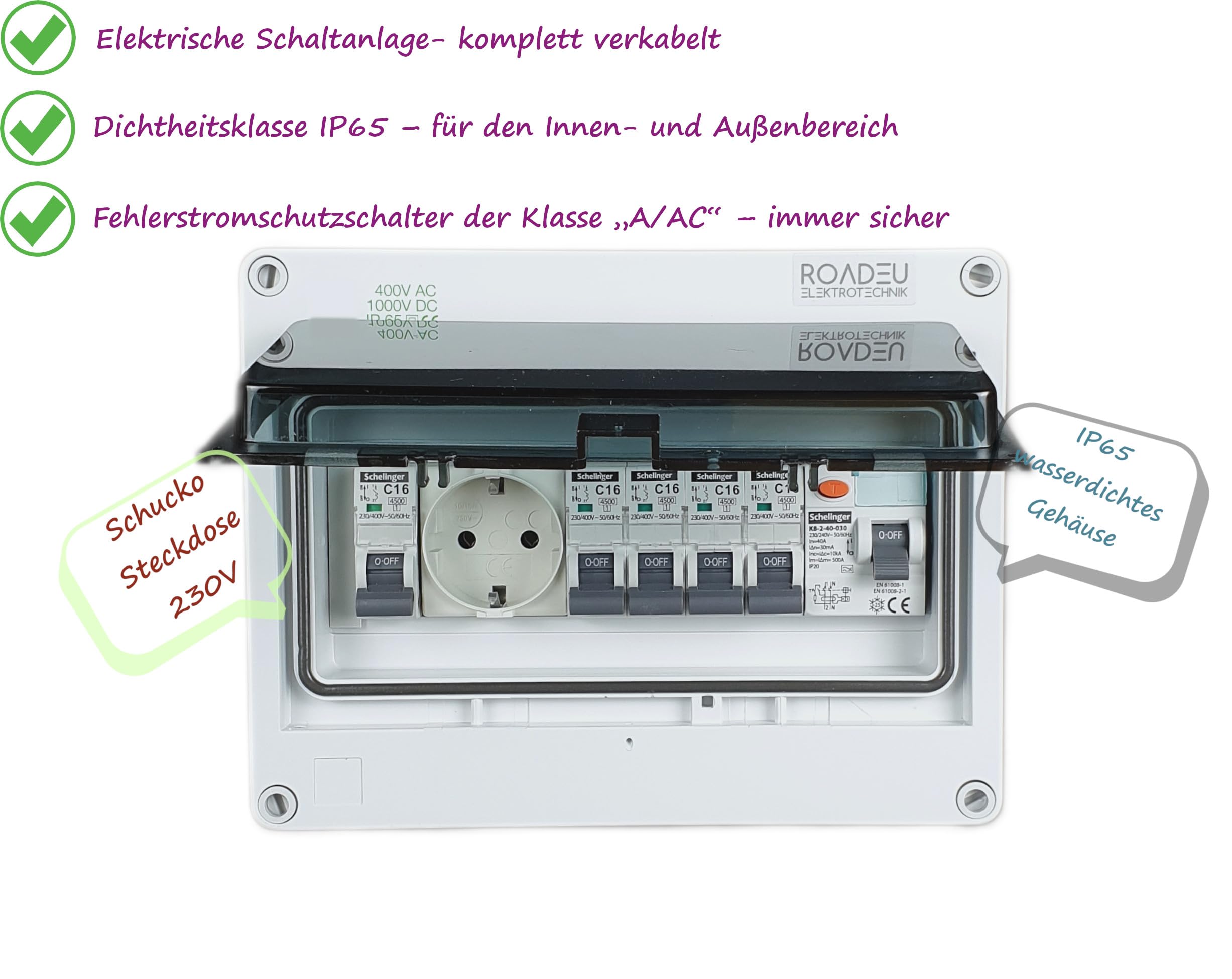 RoadEu Quadro elettrico IP65 con differenziale 5x C16A e Schuko | Differenziale TÜV, magnetotermici VDE, morsetti N+PE, pressacavo PG16, custodia IK08