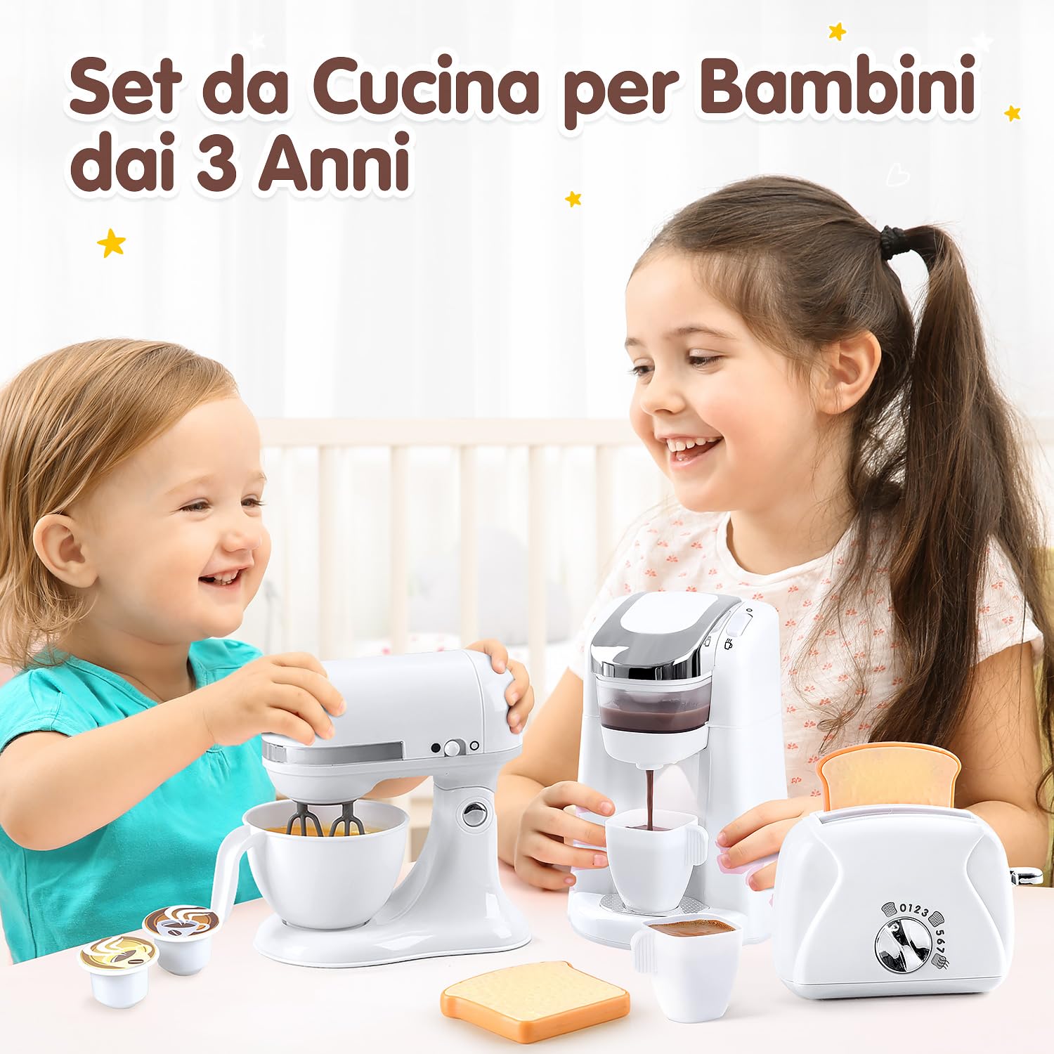PLAY Cucina Giocattolo per Bambini con Macchina Caffè, Mixer, Tostapane con Luci e Suoni Realistici, Set di Elettrodomestici Cucina Regalo per Bambini 3+ Anni (Bianco)