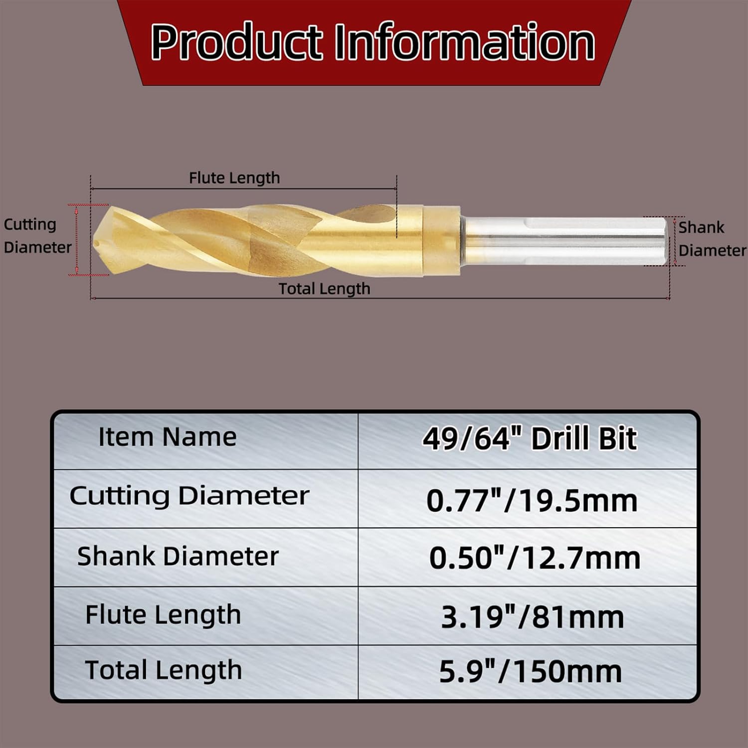 49/64" Drill Bit, M2 High Speed Steel Titanium Coated 49/64 Inch Drill Bits Set for Metal Stainless Steel, 1/2" Reduced Shank