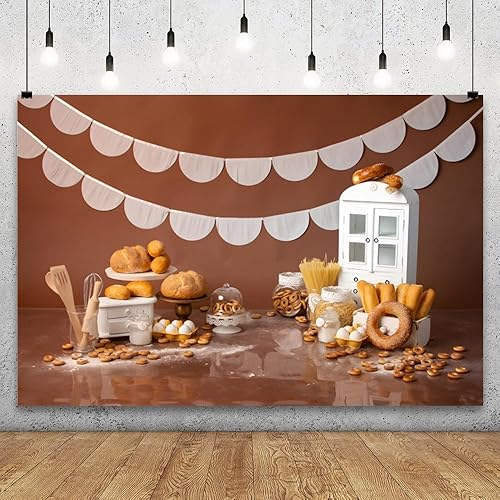 Miniatura 2 de YongFoto Fondo de mesa de panadería para hornear, 6 x 4 pies, pan, dona, galleta, gabinete blanco, fotografía, fondo para niños, niñas, pastel,