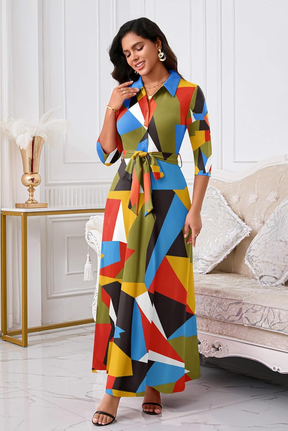 Runwind Women Church Maxi Dresses 3/4 Sleeve Button Down Print Casual Office Dress African - Image 5