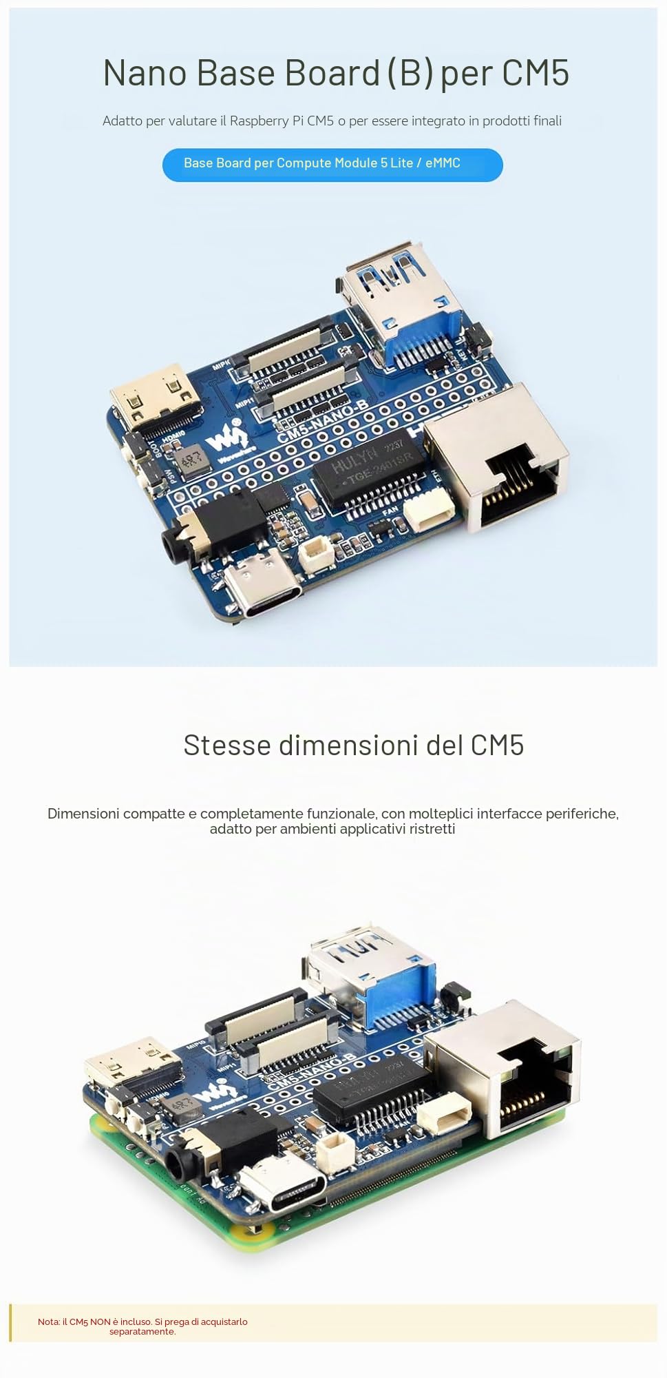 Nano Base Board (B) for Raspberry Pi CM5 | Compact Compute Module 5 Base Board | Same Size as CM5 | Multi-Interface Design | Ideal for Evaluation & Integration