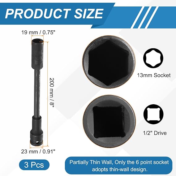 sourcing map 3Pcs Deep Thin Wall 6 Point Impact Socket 1/2