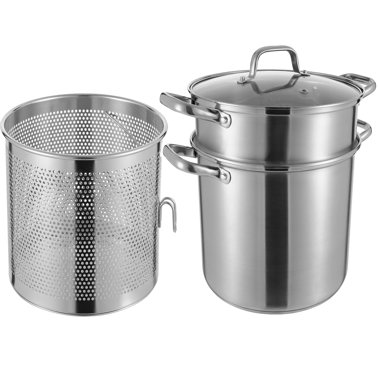 OUKANING Pentola per asparagi e pasta, 8 l, Ø 28 cm, altezza 36 cm, con colino per asparagi, alta con coperchio in vetro, per pasta, patate, verdure