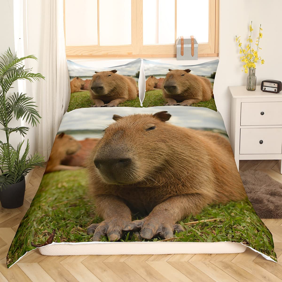 Housse De Couette Capybara – Motif Animal Mignon – Microfibre Douce – Tailles 135x200 Cm à 220x260 Cm – Enfants/Adultes