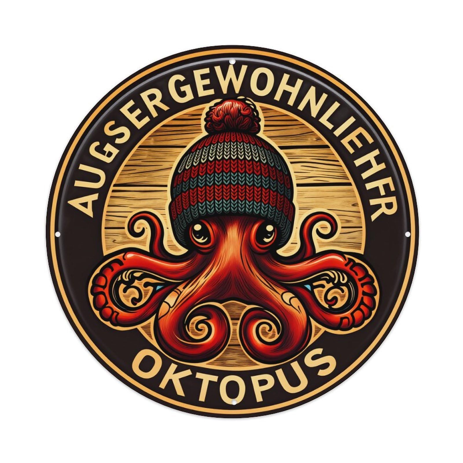 Octopus Wearing Knit Hat Wood Background Metal Tin Sign Vintage Garden Bedroom Cafe Bar Man Cave Home Wall Decor Metal Poster 8x8 inches
