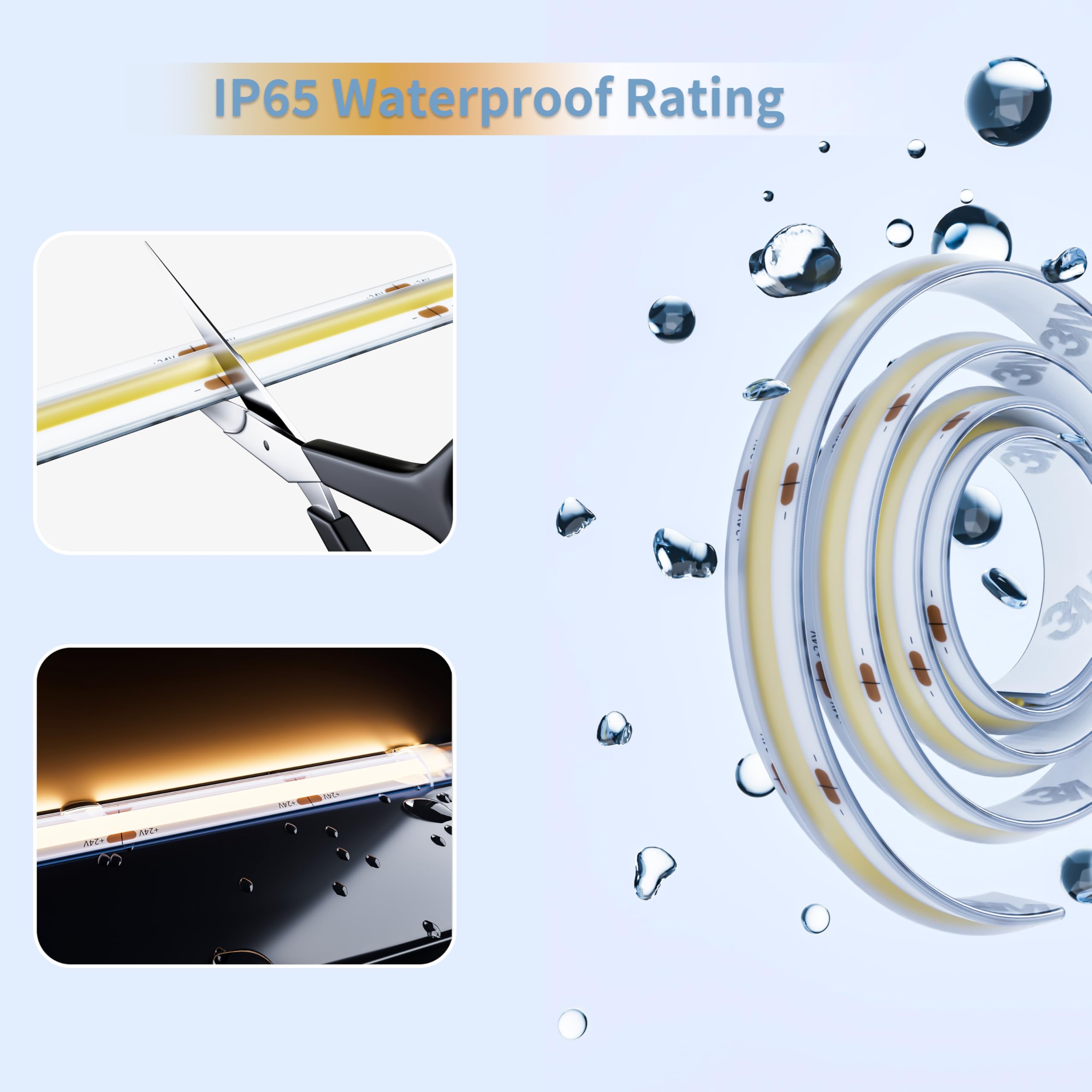 PAUTIX Tira de luz LED COB IP65 impermeable de 32.8 pies / 10 m, 5040 LED, blanco cálido 3000 K, cinta LED CRI90+ flexible de alto lúmenes, súper brillante DC24V, para proyectos de iluminación de