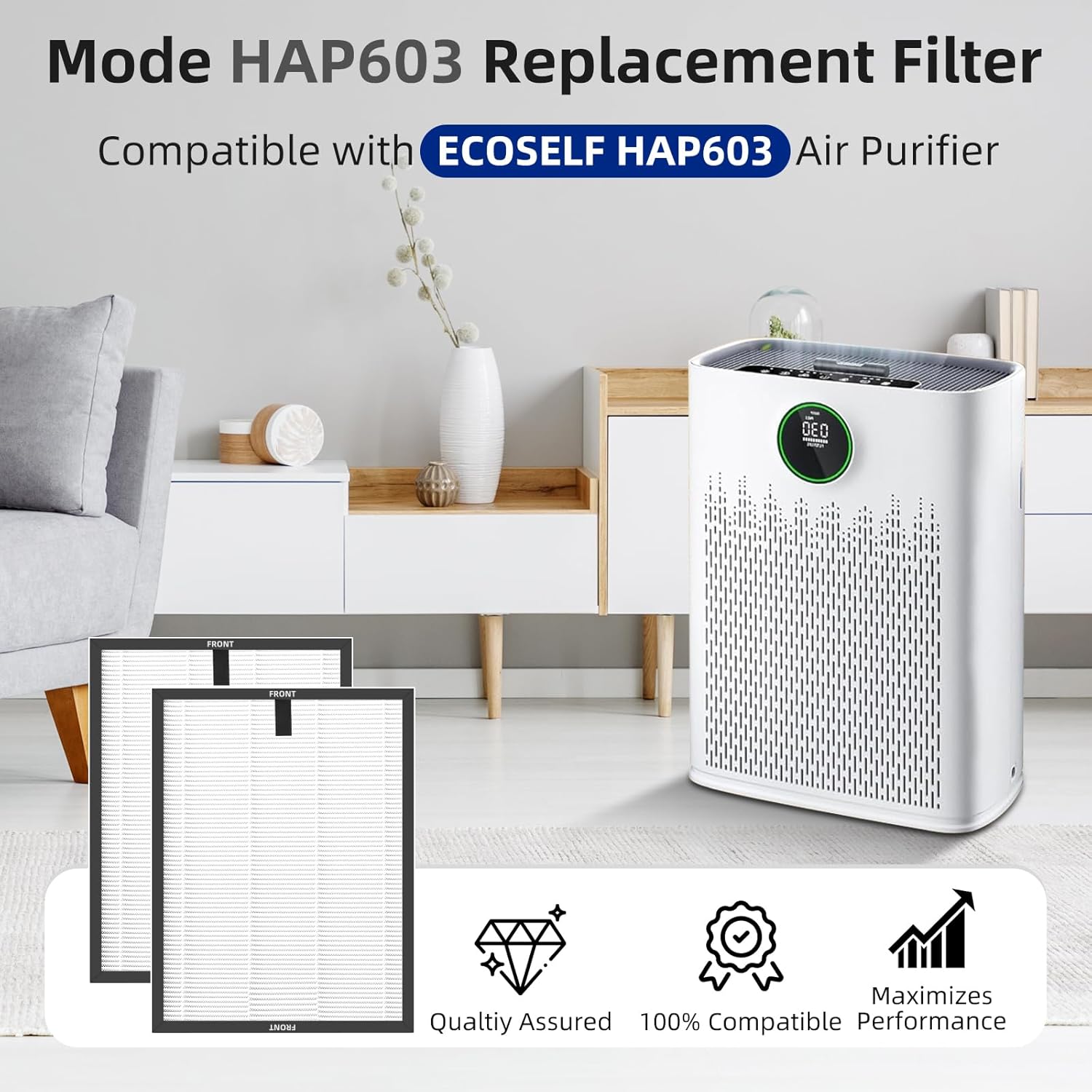 2 Pack HAP603 Replacement Filter Compatible with ECOSELF HAP603 Air Purifier, 3-in-1 Filtration of Filter, Activated Carbon Filter & Pre-filter for Home Large Room Up to 1295 Ft², White
