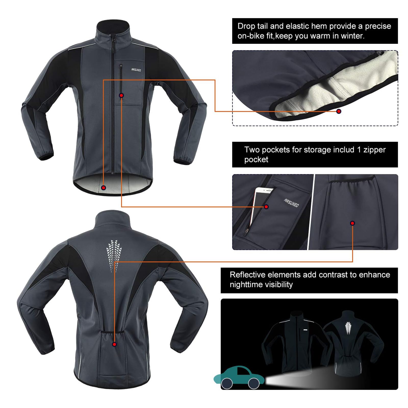 Chaqueta de ciclismo Softshell para hombre térmica, cálida y cortavientos Maillot impermeable para ciclismo de montaña; equipamiento para clima frío ideal para esquí, ciclismo