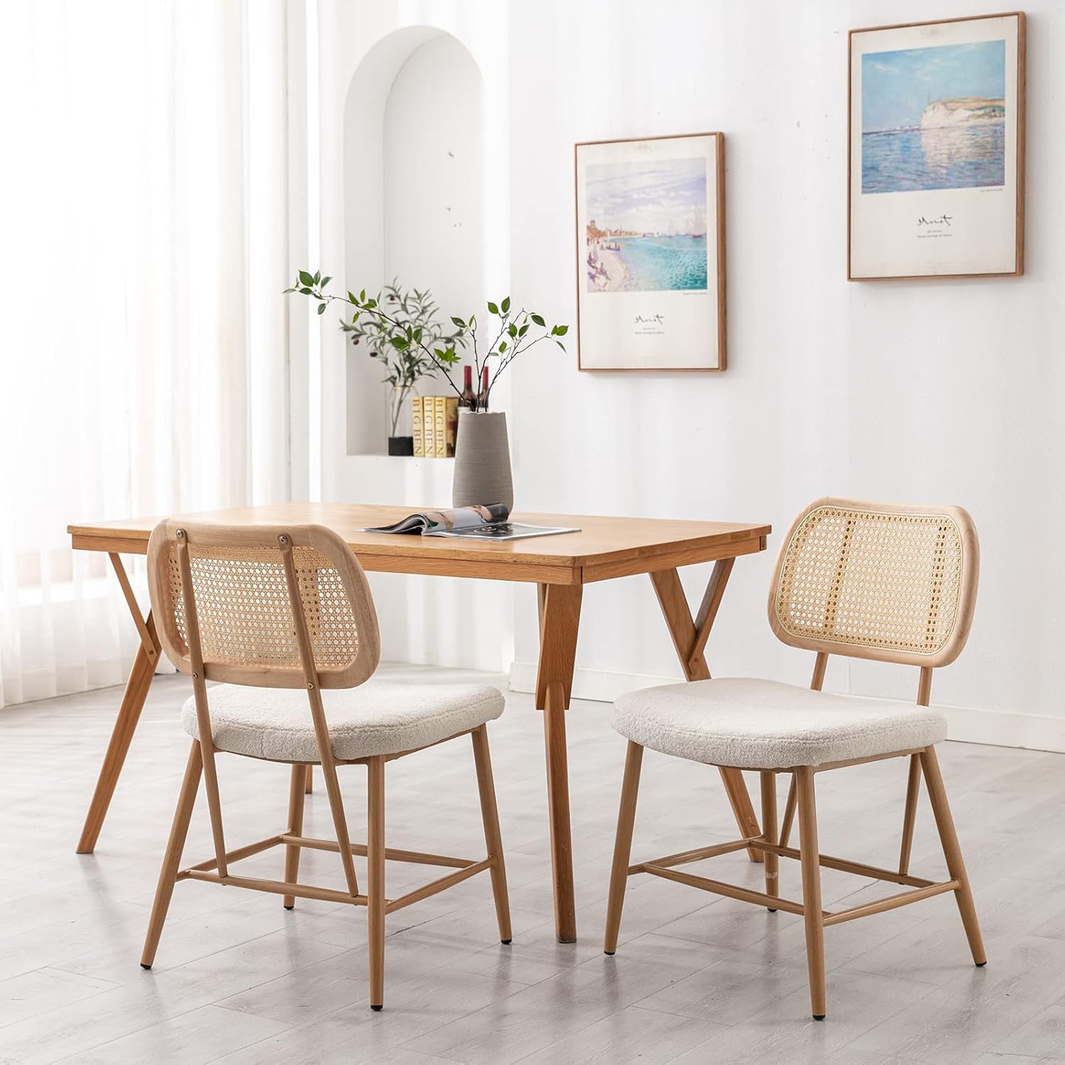 JIRAIN Rattan Dining Chair Set of 2, Boucle Fabric Cane Dining Room Chairs with