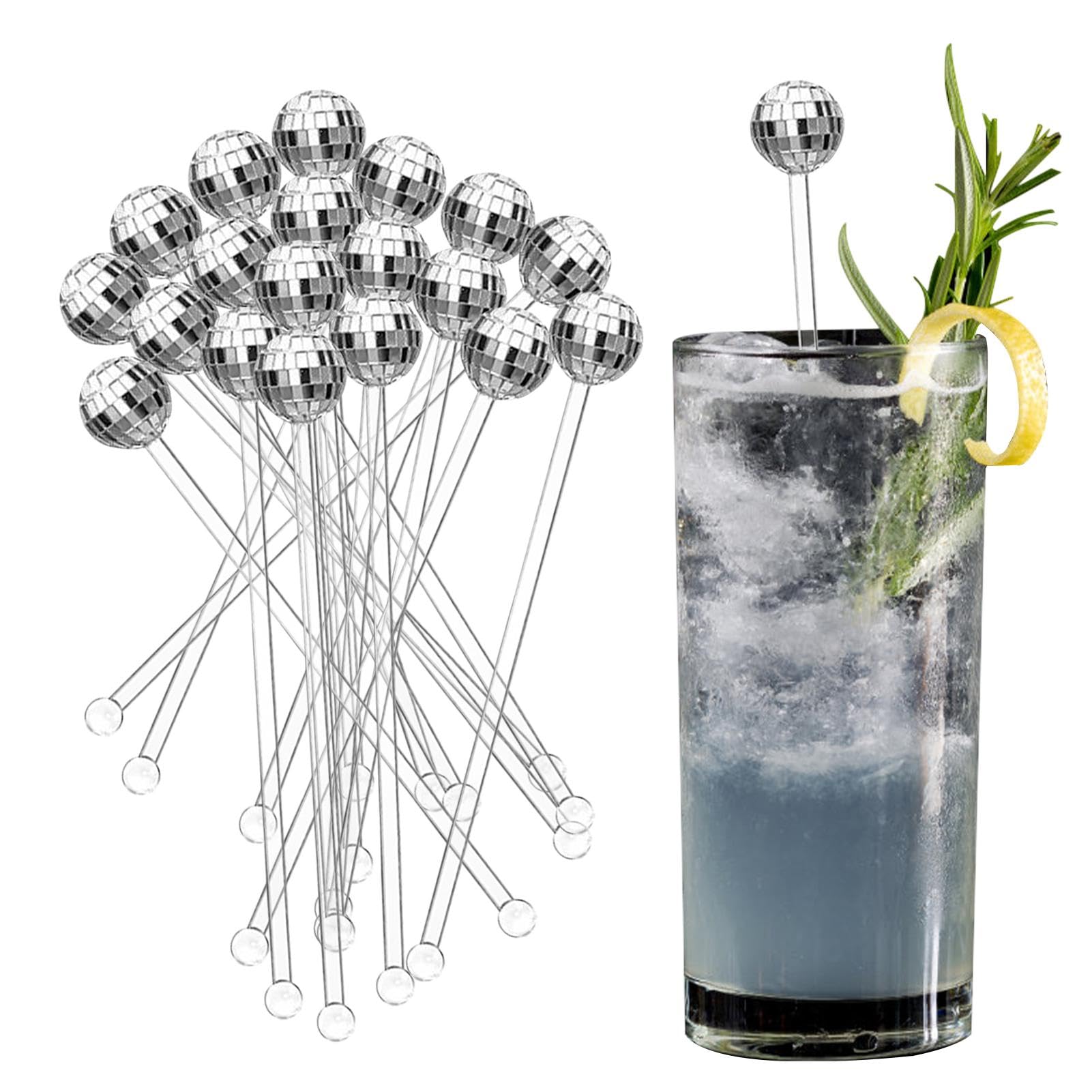 20pcs Cocktail Stirrers,Reusable Whiskey Beverage Stirring Sticks,Bar Disco Balls Cocktail Stirrers Swizzle Sticks,Beach Cocktails Ice Drinks Mixer Bar Stirring Mixing for Tea Coffee Party(Silver)