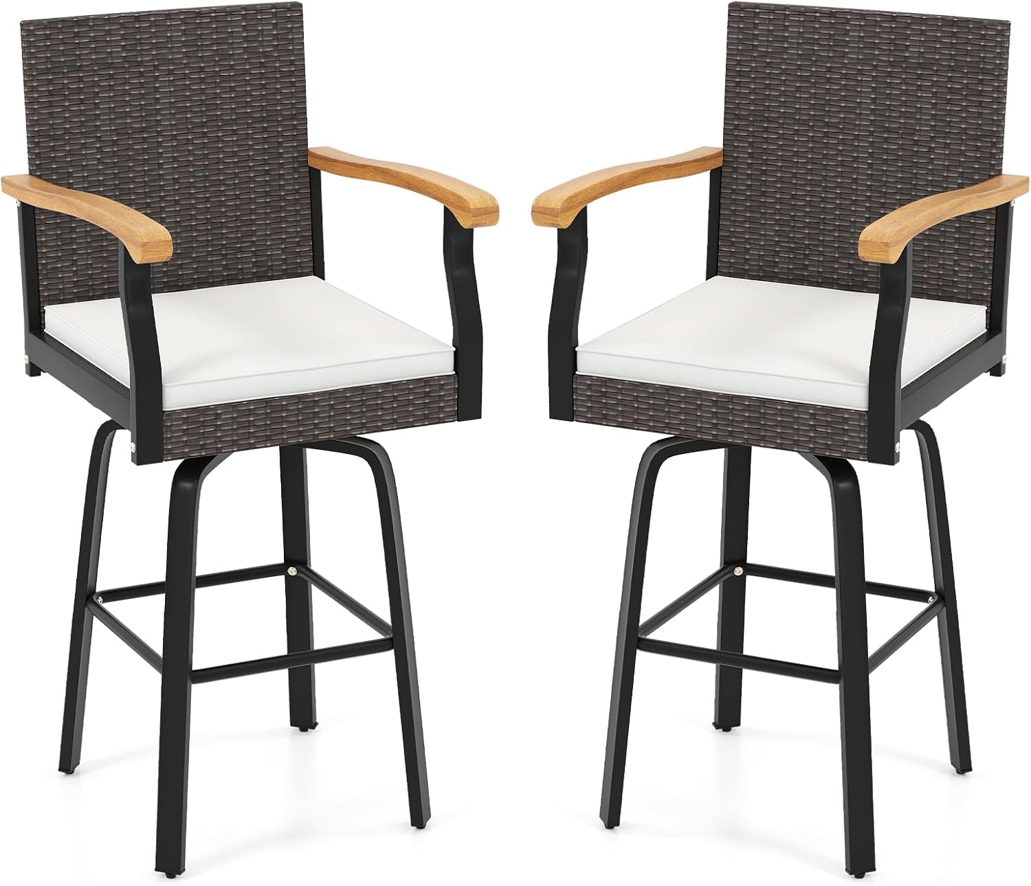 HAPPYGRILL Outdoor Rattan Swivel Bar Stool, Bar Height Chair with Cushion, Footrests & Acacia Wood Armrests, Wicker Barstool for Patio, Garden, Backyard and Deck (2)