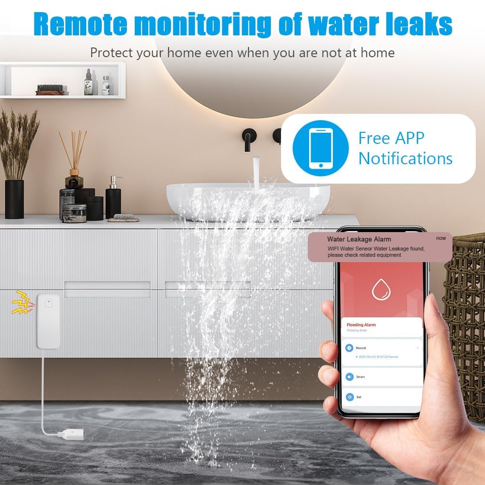Flintronic Detektor wycieku wody Wi-Fi, inteligentny czujnik wycieku wody, alarm wody 80 dB z kablem wykrywającym 1 m, zdalne monitorowanie aplikacji, zasilanie baterią AAA, do kuchni, piwnicy,