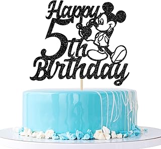 Gentars Decoración para tartas de 5 cumpleaños con purpurina negra, decoración para tartas de Mickey 5 cumpleaños, suminis...