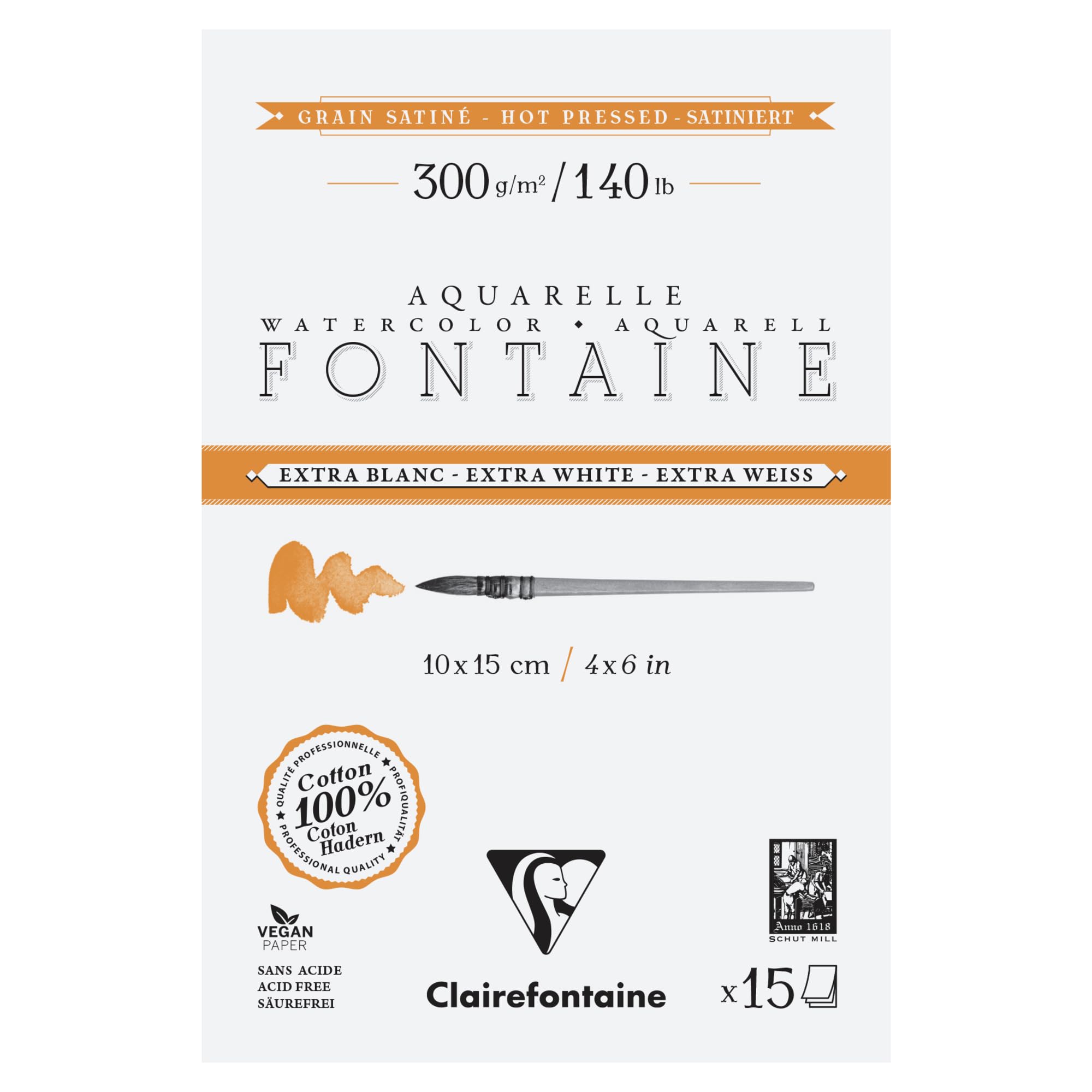 Clairefontaine 976017C Bloc Encollé 4 Côtés Fontaine Extra Blanc - 15 Feuilles Papier Aquarelle Extra Blanc 100% Coton Grain Satiné - Qualité Professionnelle 10x15cm 300g