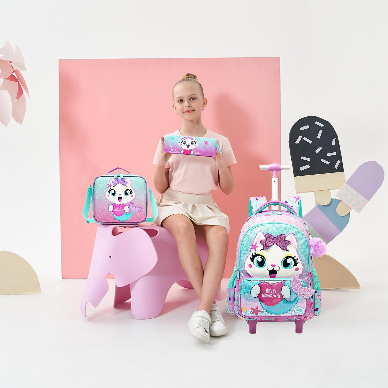 Cute Cat Rolling Backpack with Wheels for Elementary Preschool Students Kids Travel Luggage Carry on Backpack for Girls Ages 6-8