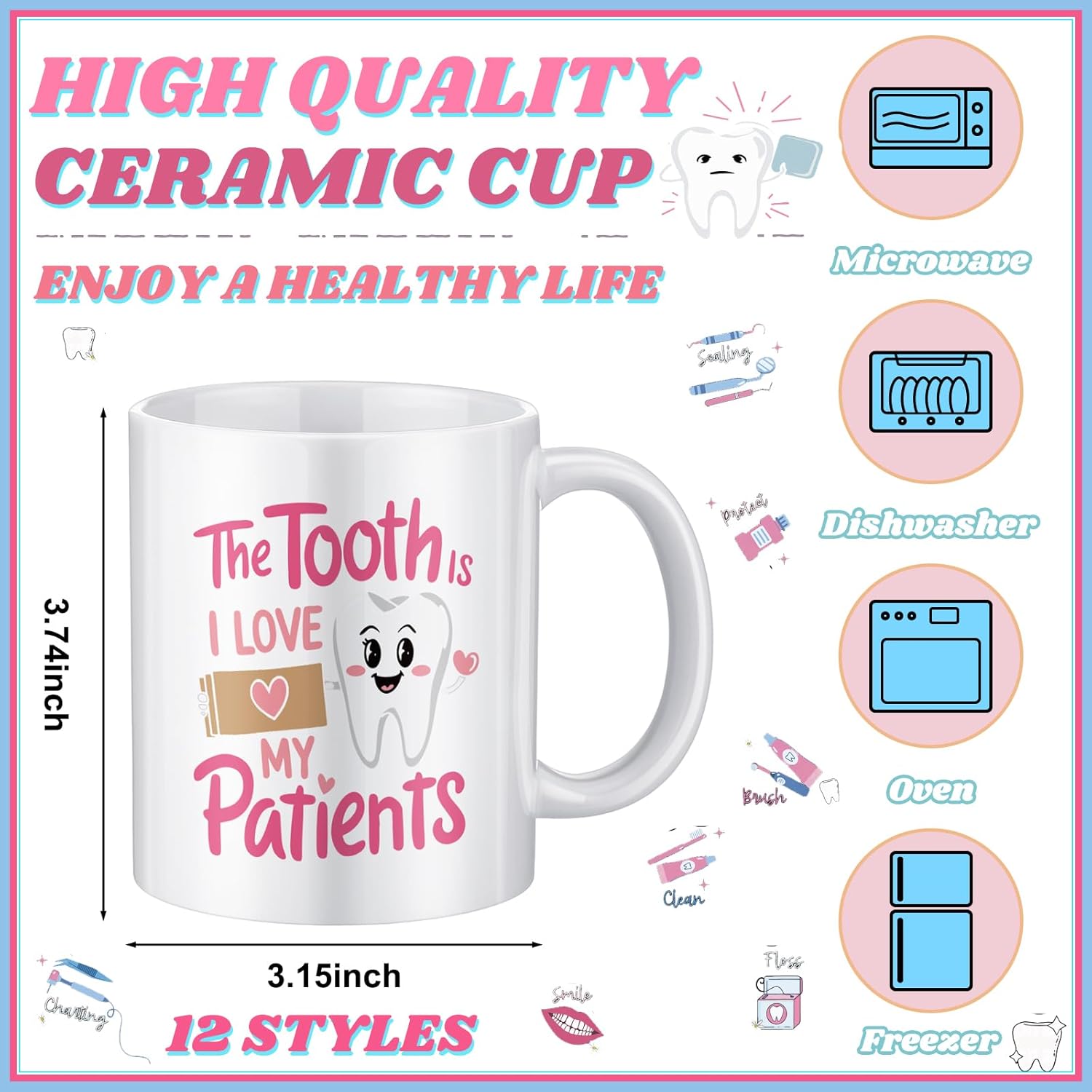 Didaey 12 Pcs Dental Gifts Mug Bulk, Dental Appreciation Week & Graduation Gift, 11oz Ceramic Coffee Mug - Medical Gifts for Hygienist, Doctor,Nurse, CNA Week