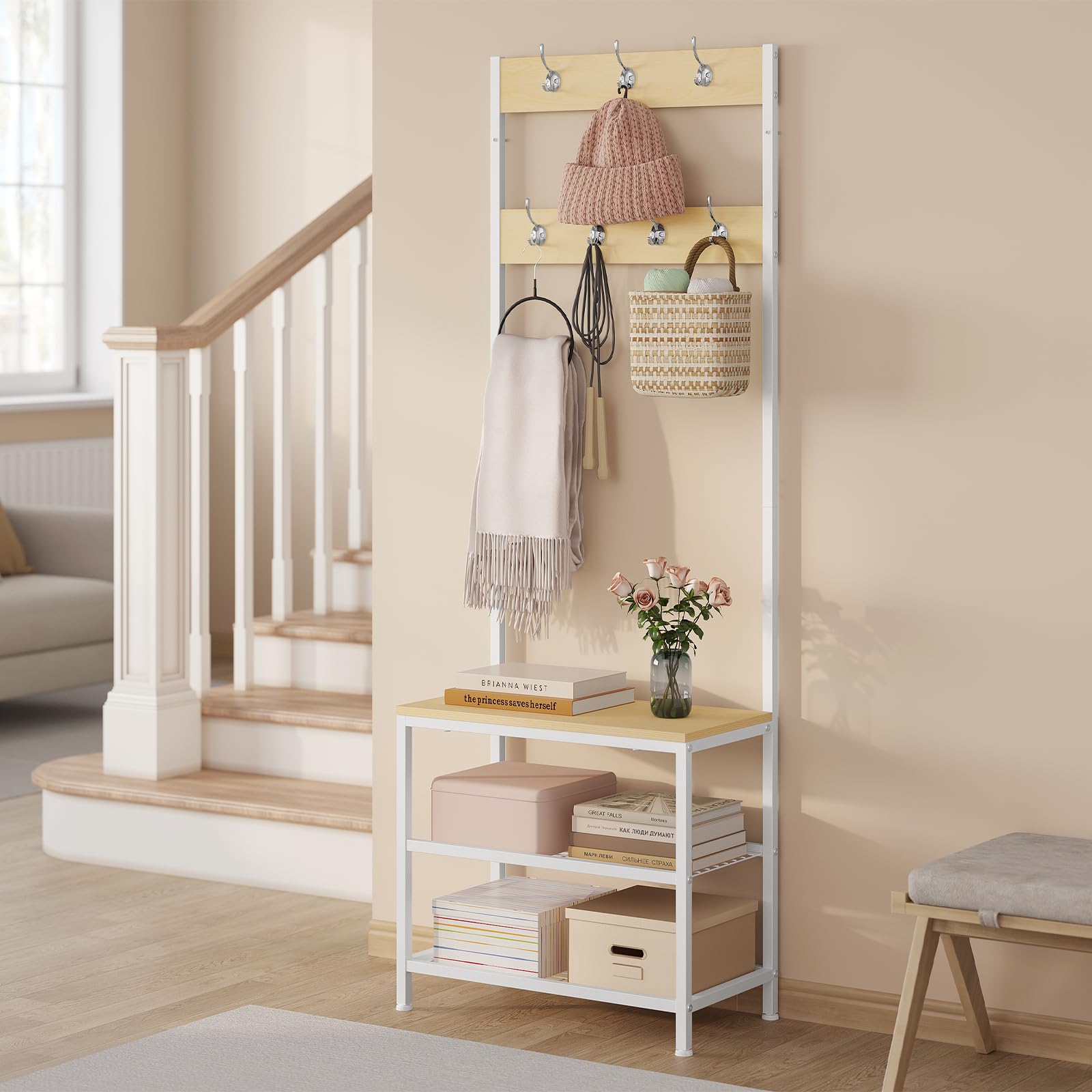 WOLTU Appendiabiti Panca Porta Scarpe 3 in 1, Scaffale per Scarpe a 2 Livelli con Sedile e 7 Ganci, per Corridoio/Ingresso, Metallo + Legno Ingegnerizzato, Bianco + Rovere Chiaro, 60x31,5x170cm