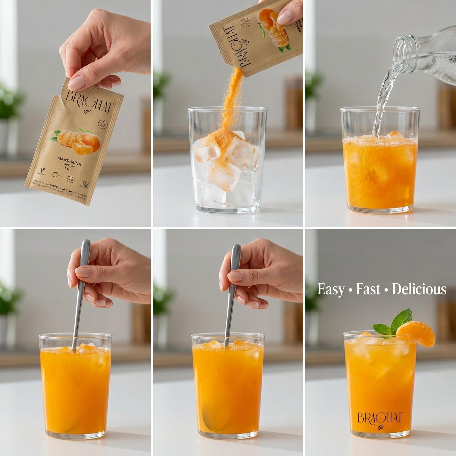 BRAGULAT/Saborizantes de agua Sin Azucar, con fruta deshidratada, Vitamina C y B12, colorantes y sabores naturales | 15 Sobres Multivitaminicos.