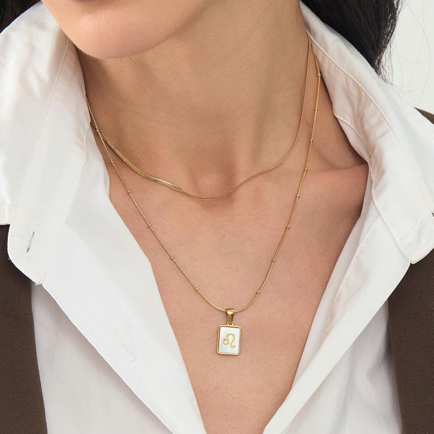 LETFLY Zodiac Natural Shell Layered Gold Necklace for Women, Gold Plated Square Shaped Pendant with Adjustable Layered Snake Chain Birthday Jewelry Gifts for Womens