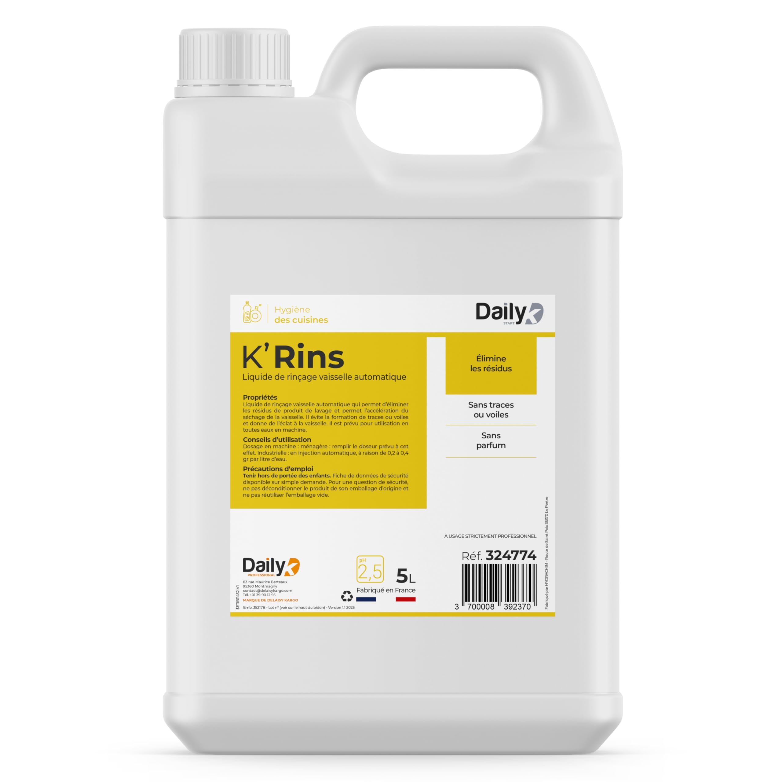 Liquide Rinçage Lave-Vaisselle Bidon 5L K’RINS - Compatible Tous Lave-Vaisselle - Séchage Rapide, Sans Traces, Haute Brillance - Idéal Usage Professionnels Et Particuliers - Made in France