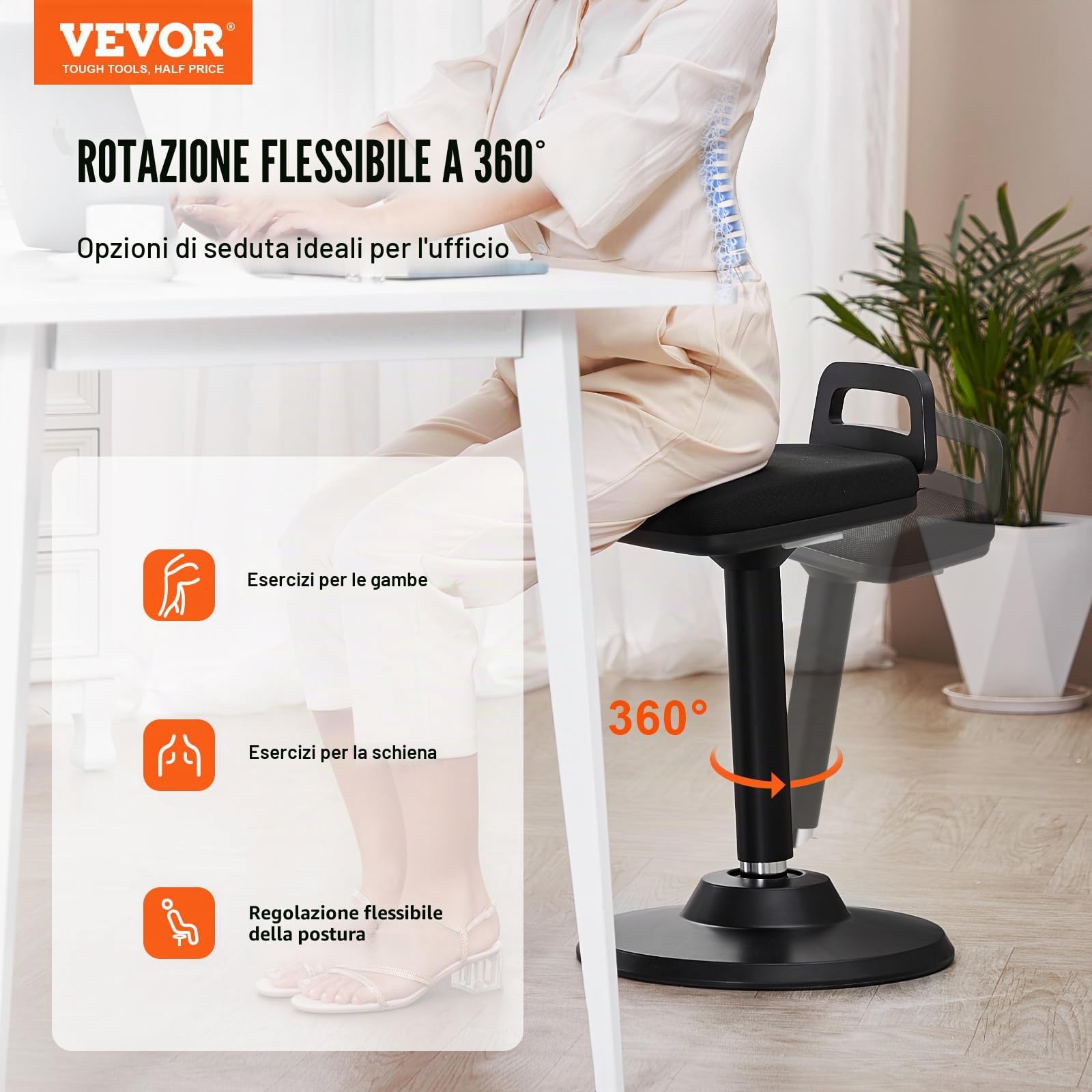 VEVOR Sgabello da Seduta Attiva con Maniglia, Sedia Attiva Carico max. 120kg Altezza Regolabile 62,5-87,5 cm Realizzata in Tessuto Elastico Schiuma, Sgabello Seduta Attiva per Scuole, Ufficio, Casa