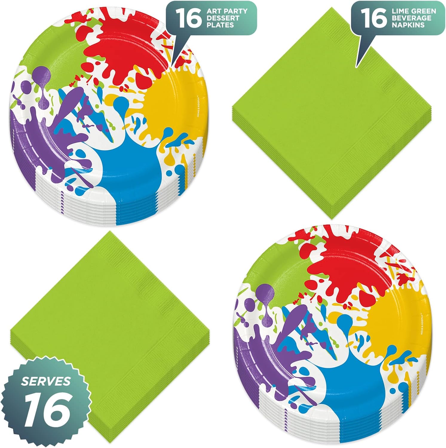 Art Party Supplies - Colorful Artist Paint Splatter Paper Dessert Plates and Beverage Napkins (16 Plates & Napkins)