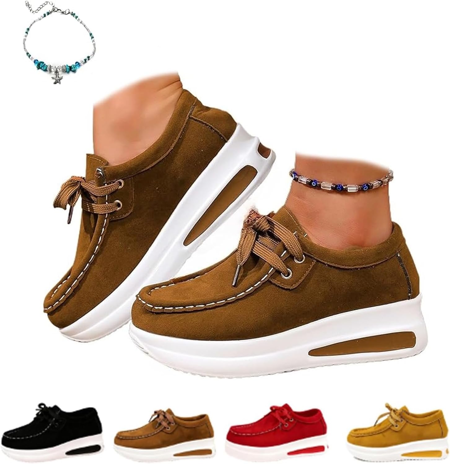 Women's Orthopedic Platform Loafers, Suede Lace-Up Moccasins Ladies Slip-On Platform Loafers Comfortable Walking Trainers