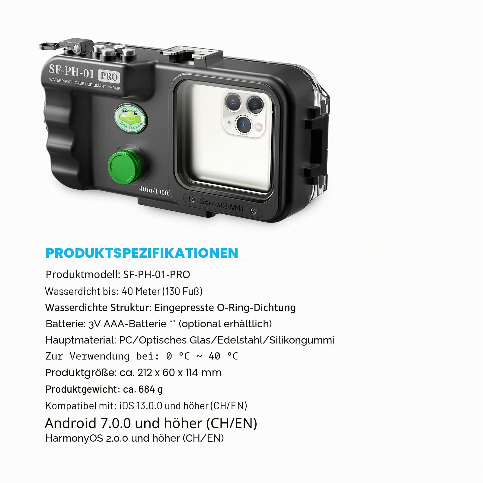 SF-PH-01 PRO Professionelles Unterwasser-Smartphone-Gehäuse, 40 m/130 ft wasserdicht, Universaltyp Kompatibel mit iPhone und Android (SF-PH-01 PRO-40m)