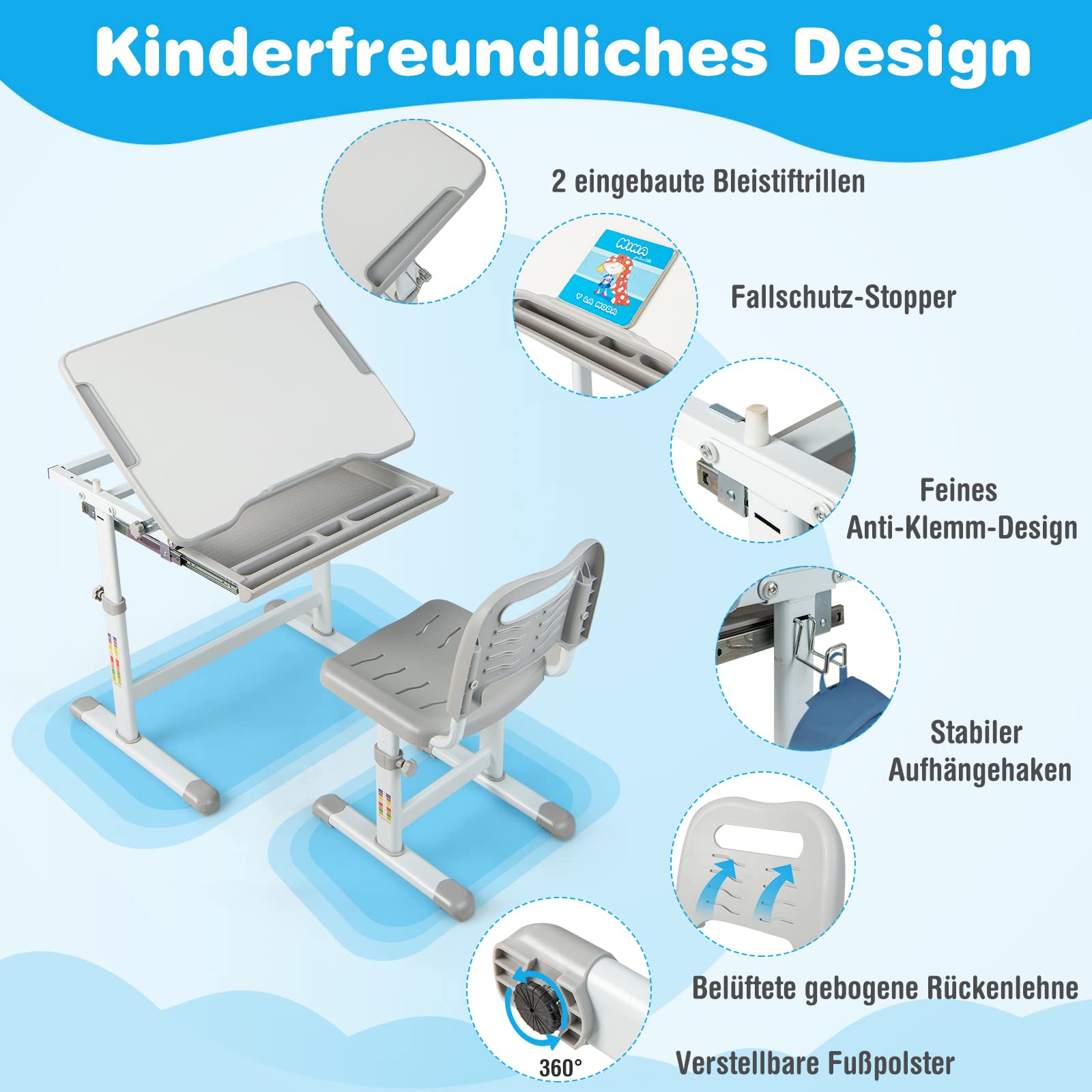 COSTWAY Schreibtisch Kinder, Kinderschreibtisch höhenverstellbar mit neigbarer Tischplatte & Schublade, multifunktionaler Schreibtisch mit Stuhl für Jungs & Mädchen (Grau)