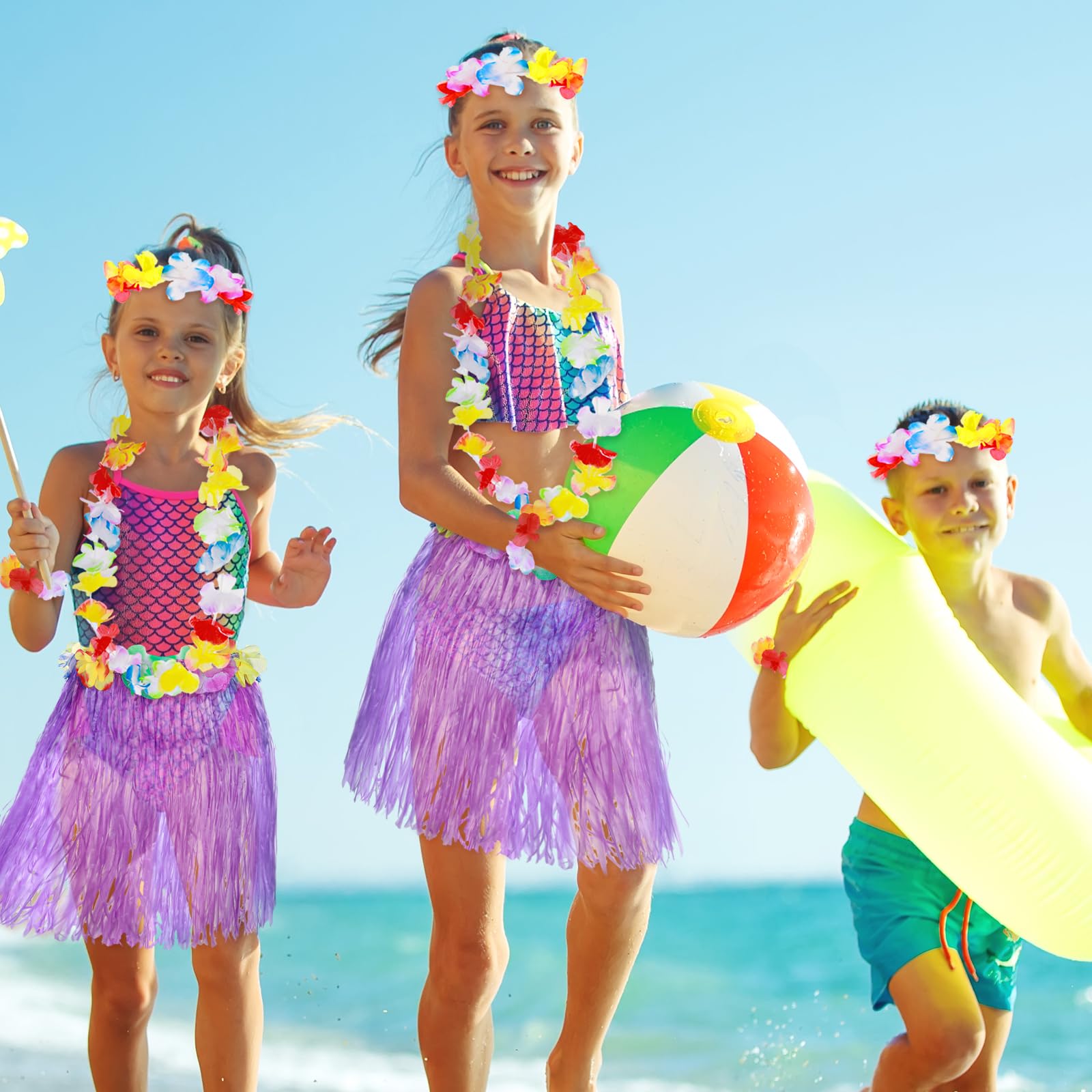 Abeillo 5 Pack Hawaiian Hula Grass Skirt for Girls Hula Dance Skirt with Flower Costume Accessory Hawaiian Hula Party Dress Up for Girls