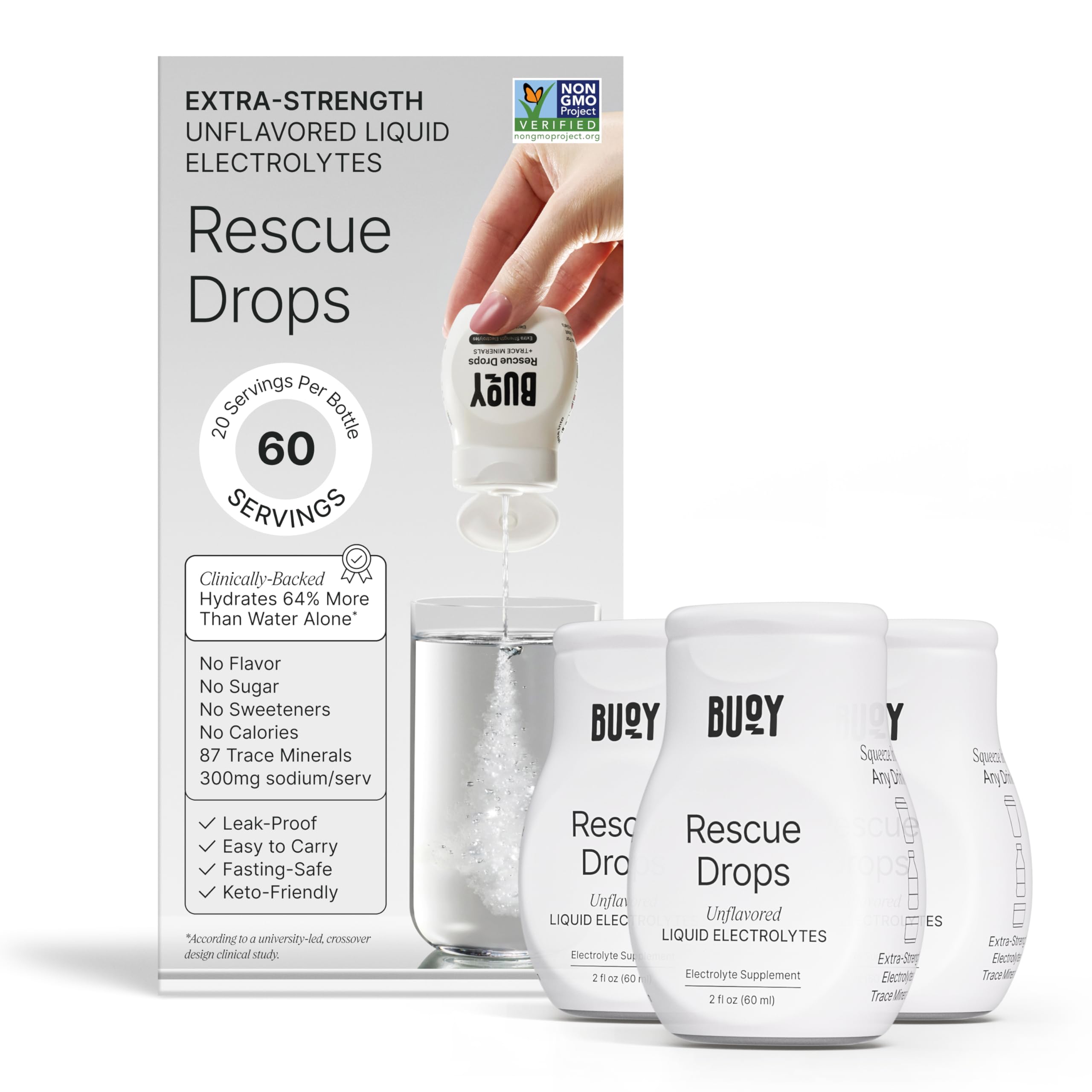Buoy Rescue Electrolyte Drops - High-Sodium, 6X Stronger Liquid Electrolyte with 87 Trace Minerals for Intense Depletion and Rapid Recovery - Unflavored - Sugar