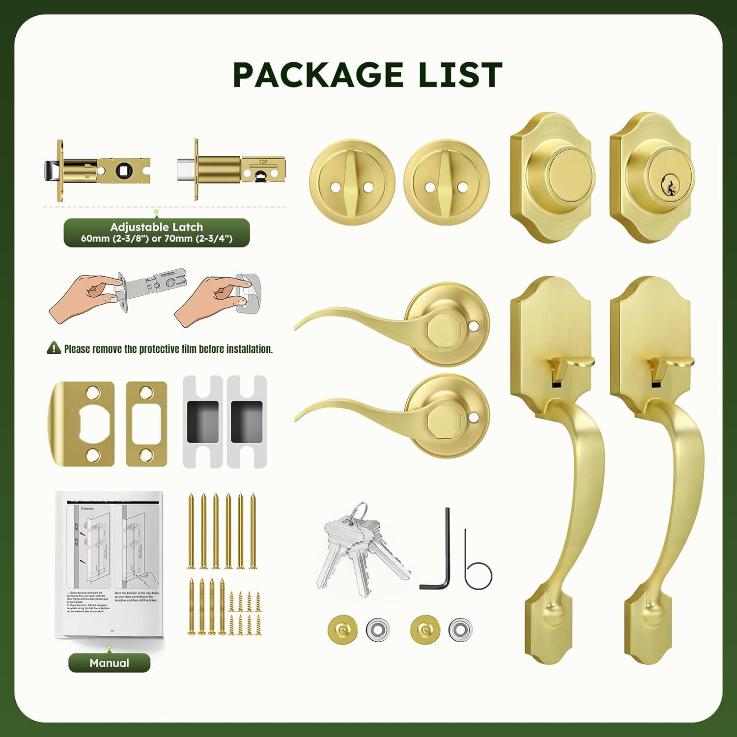 Moquin Brushed Gold Double Door Handle Set for Front Door, Gold Classic Double Front Door Lock Set with Dummy, Reversible Handle Lever for Entrance Exterior Doors, Satin Brass