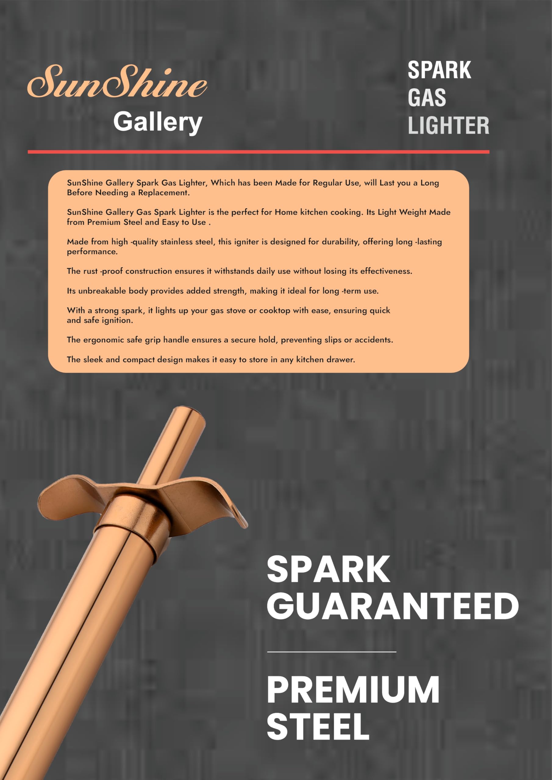 Spark Gas Lighter for Kitchen Use Restaurants Metal Gas Stove Lighter Regular Size Easy Grip Long Lasting, Rust Proof (Rose Gold, Pack of 1) — Amazon image 8