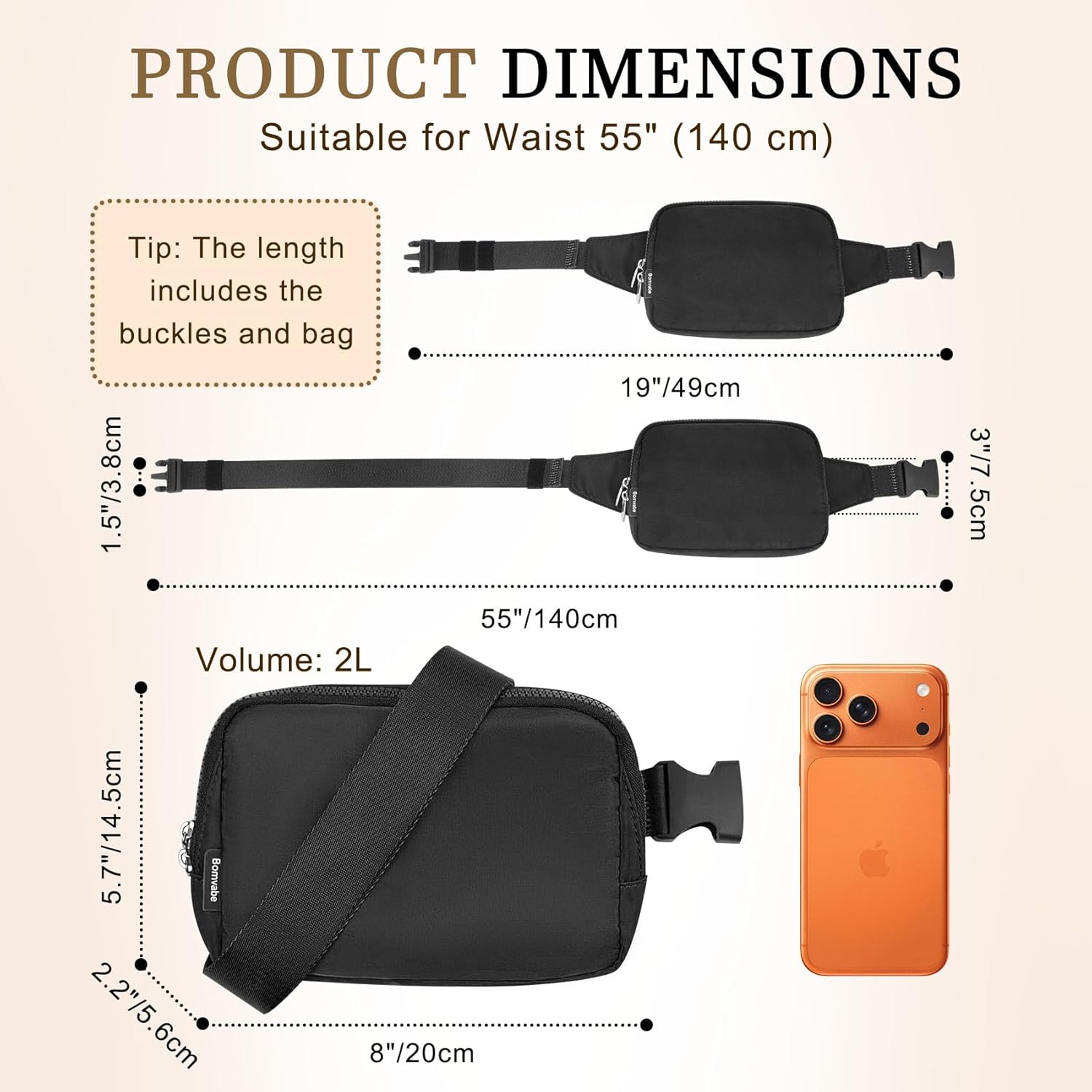 2L Everywhere Belt Bag for Women Men, Large Fanny Pack with Adjustable Strap 55", Waist Bag with Multiple Pockets, Crossbody Bag Water-resistant for Travel Gym Sports Running Hiking, Black - Image 2