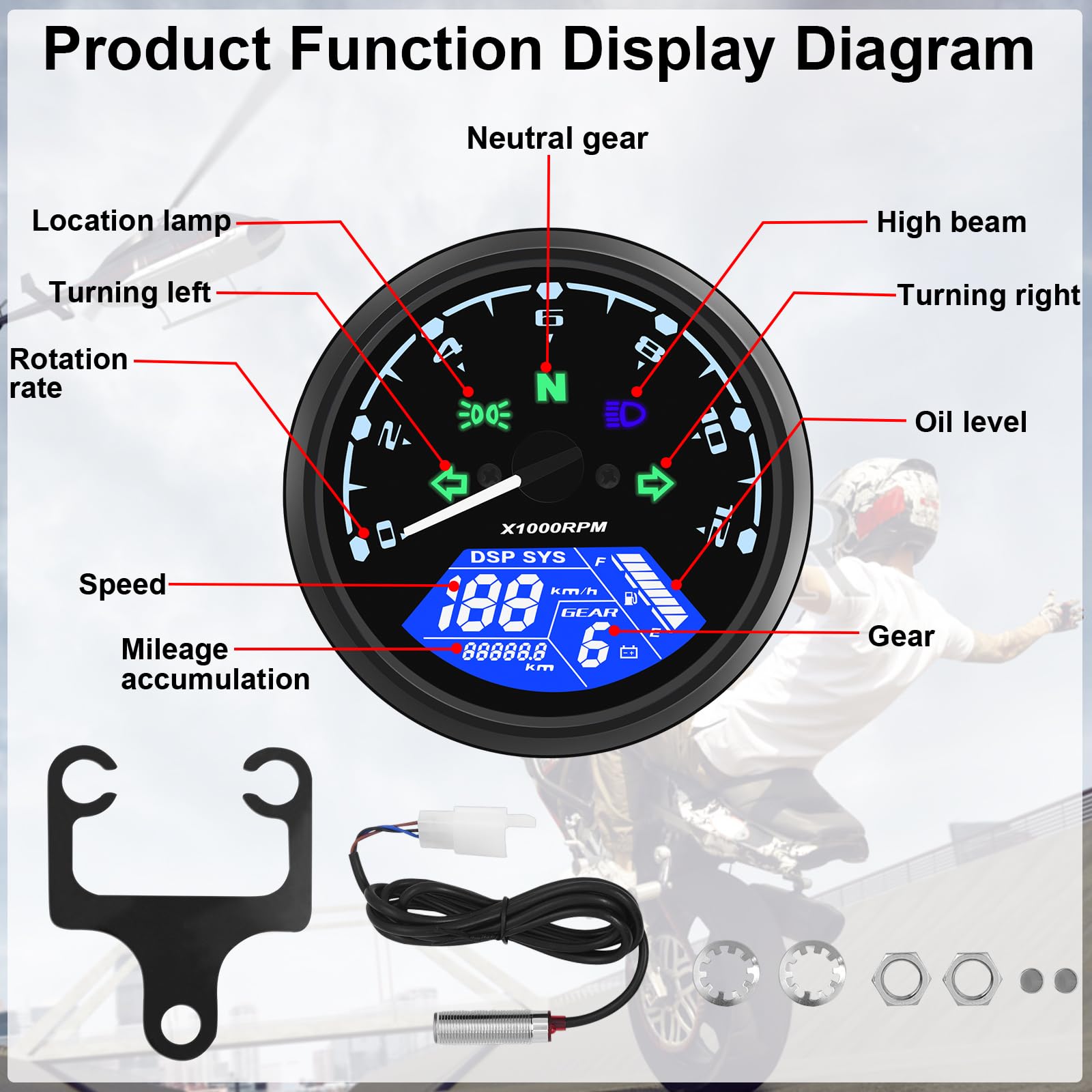 Geloo Moto Contachilometri Universale per Moto Tachimetro Digitale Contachilometri con Supporto 12000 giri/min 199 KMH MPH LCD Contagiri per 1,2,4 Cilindri con Spia Multifunzione 12V